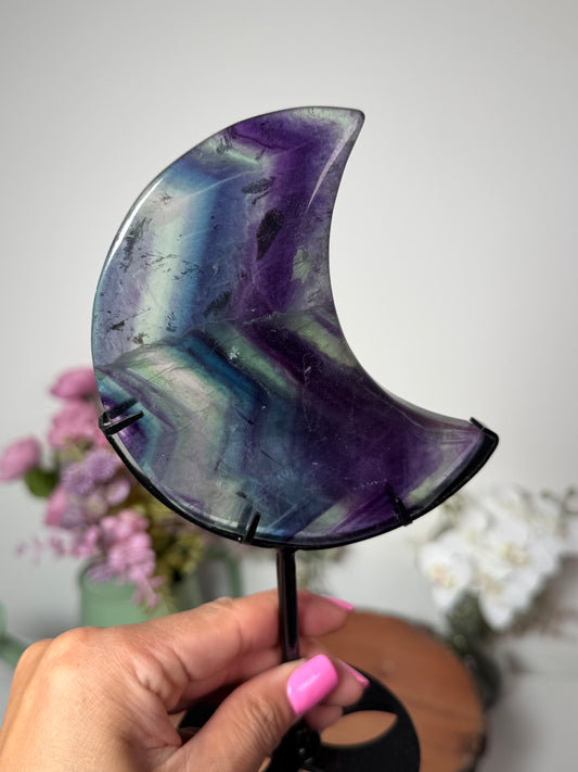 Rainbow Fluorite Moon on Custom Stand 51