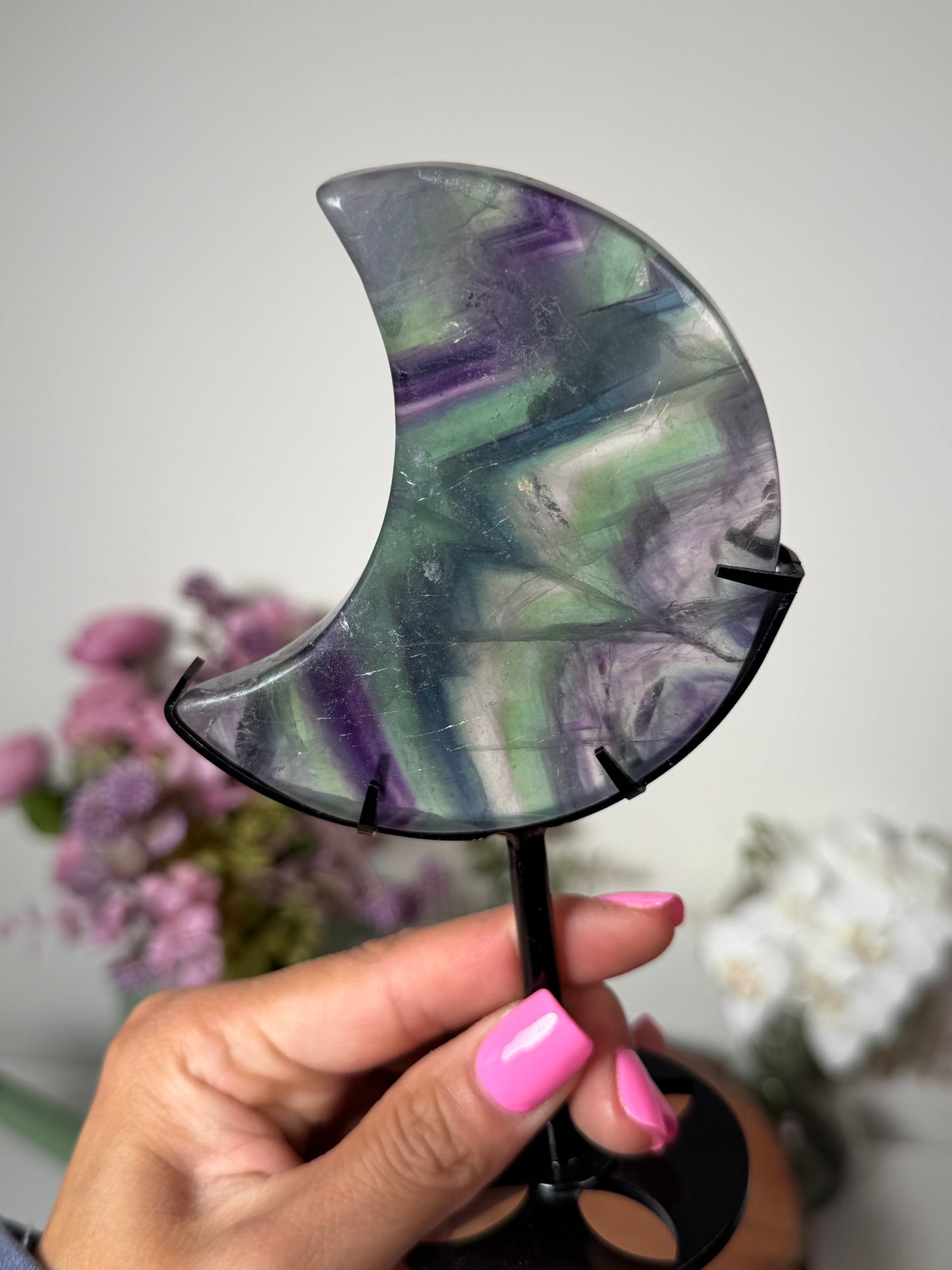 Rainbow Fluorite Moon on Custom Stand 33