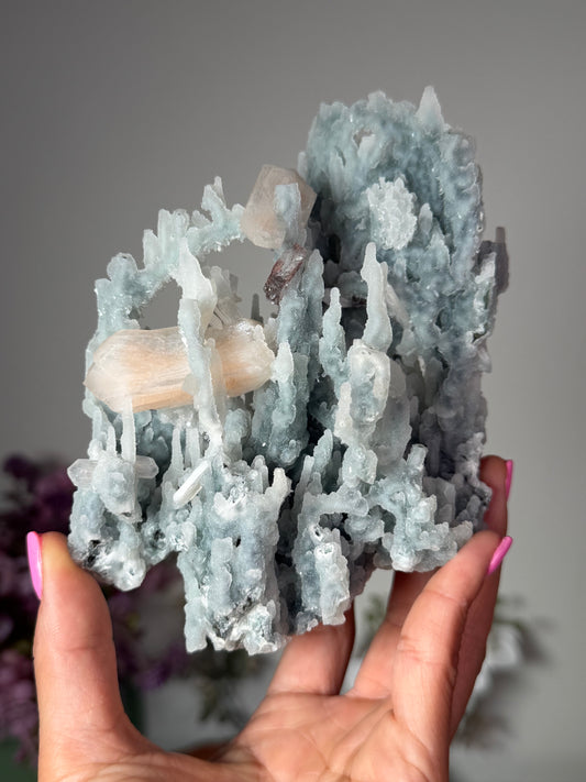 "Winter's Crown" Blue Chalcedony Stalactite with Heulandite, Stilbite, Prehnite 317