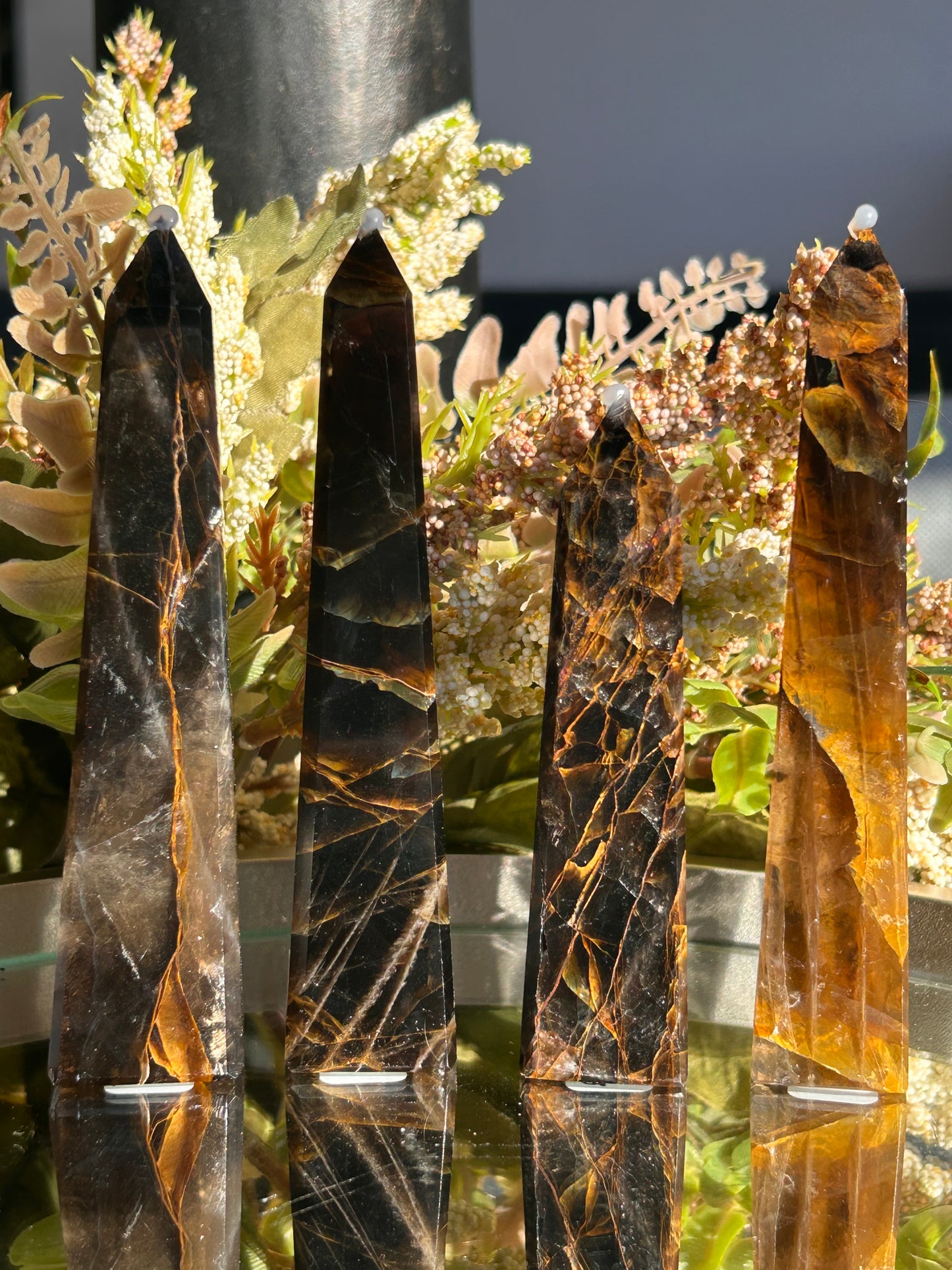 Dark Smokey Golden Healer Quartz Towers