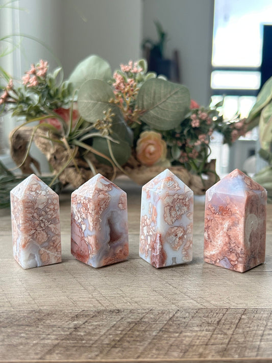 High Quality & Colorful Druzy Pink Petal Agate 4 Sided Tower | Healing Crystal | Pink Agate Point | Pink Agate Obelisk | Crystal Gifts-Crystal Towers-Pink Agate