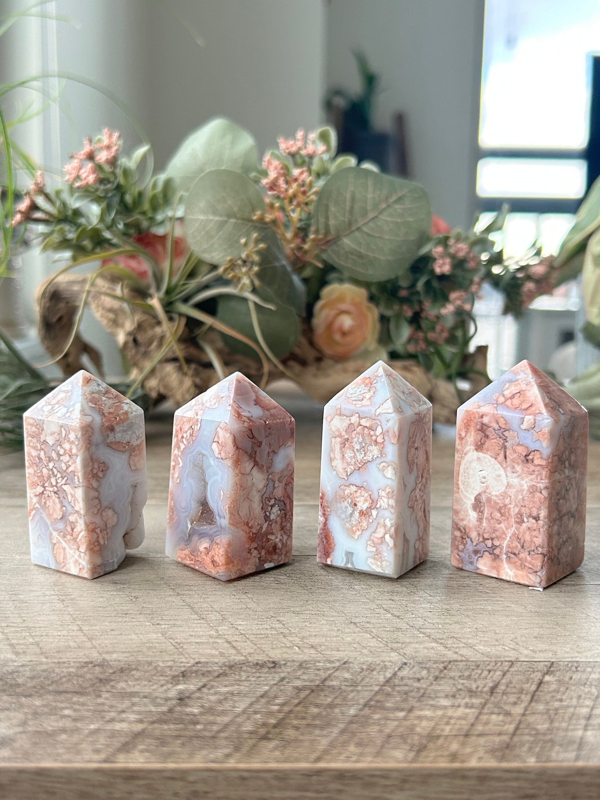 High Quality & Colorful Druzy Pink Petal Agate 4 Sided Tower | Healing Crystal | Pink Agate Point | Pink Agate Obelisk | Crystal Gifts-Crystal Towers-Pink Agate