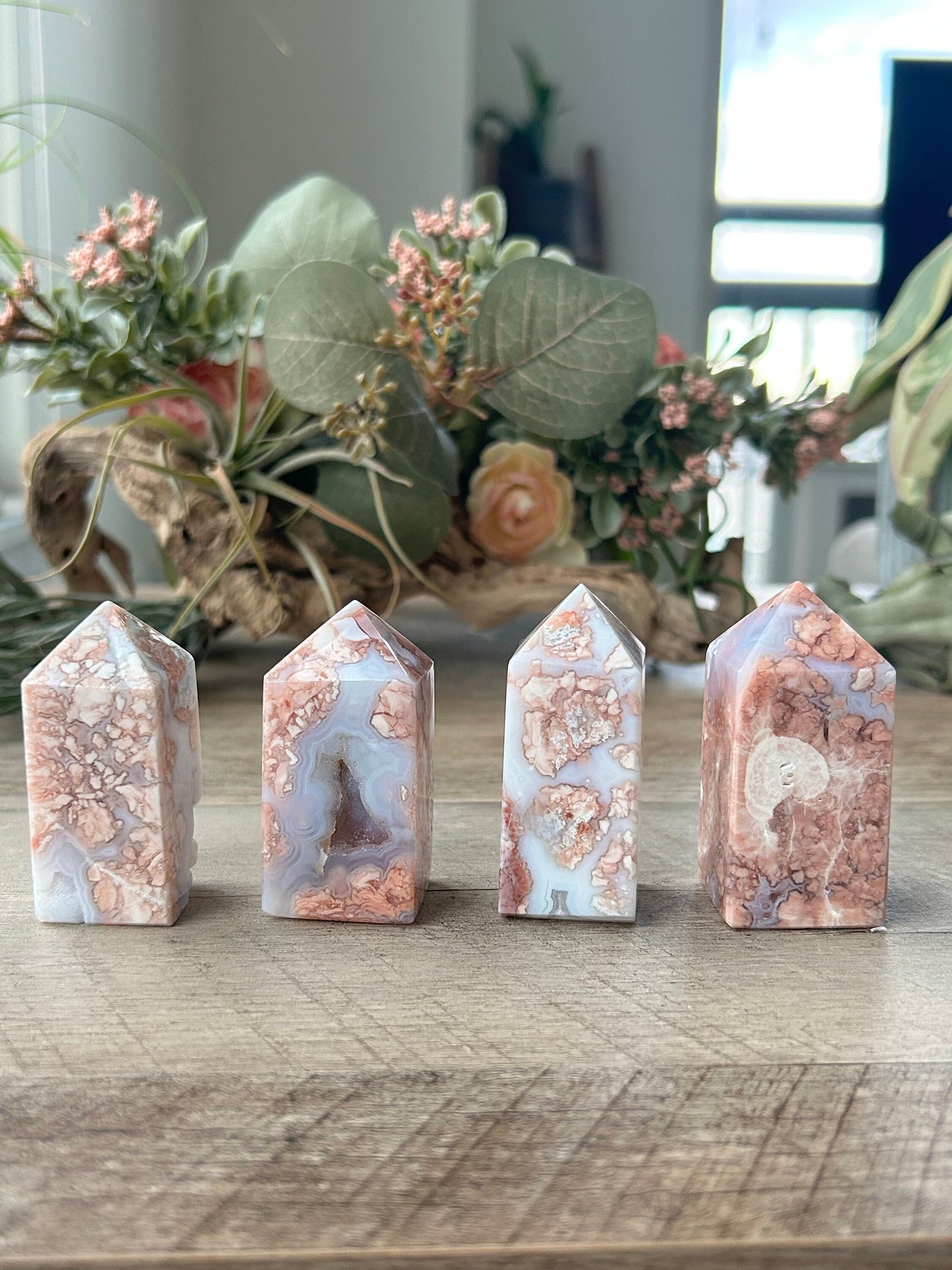 High Quality & Colorful Druzy Pink Petal Agate 4 Sided Tower | Healing Crystal | Pink Agate Point | Pink Agate Obelisk | Crystal Gifts-Crystal Towers-Pink Agate