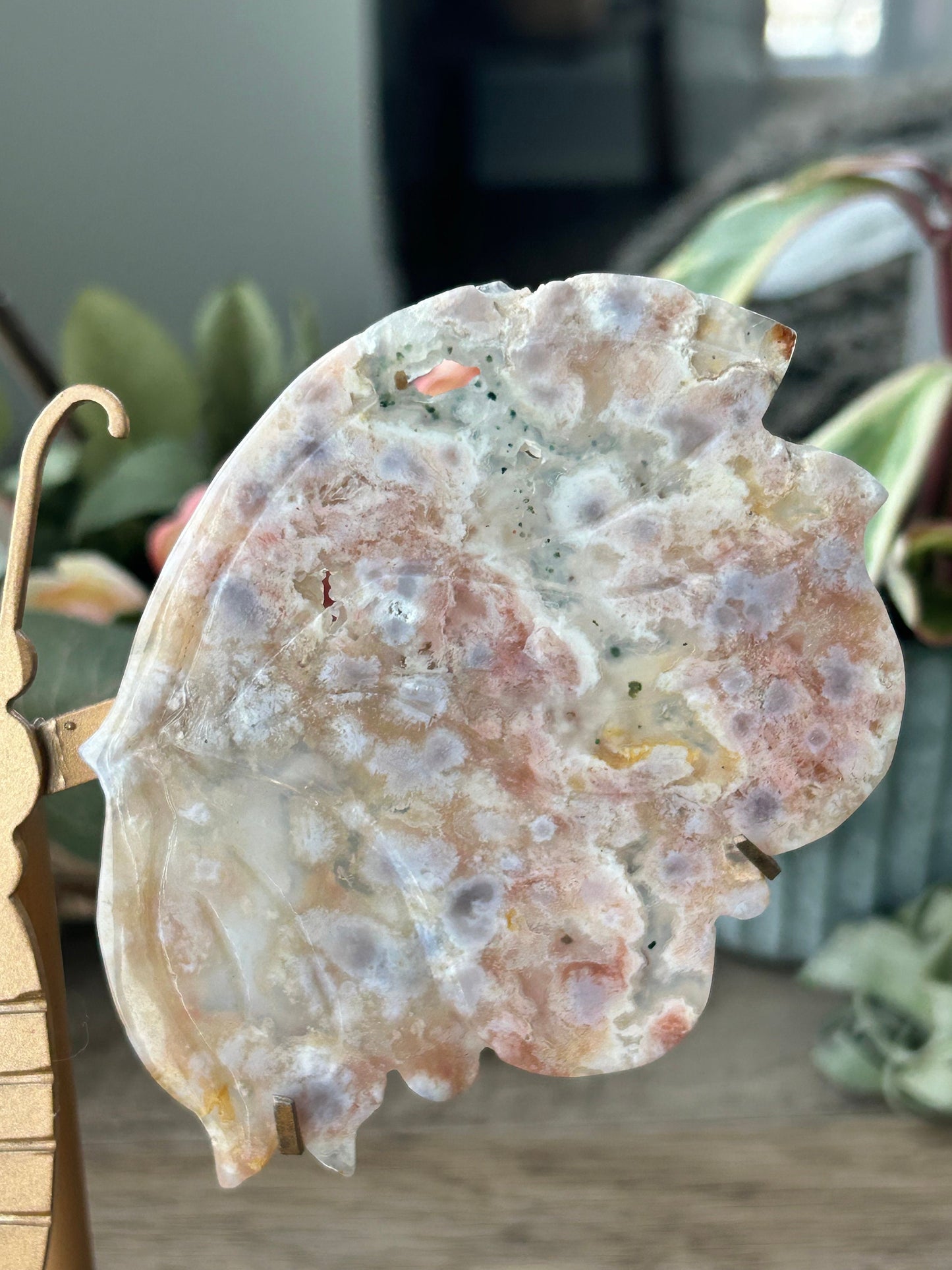 Dreamy Druzy Flower Agate Butterfly on Gold Stand | Colorful Flower Agate Wings | Pink Moss Agate | Crystal Gifts | Spiritual Home Decor-Butterfly Wings/ Sets-flower agate