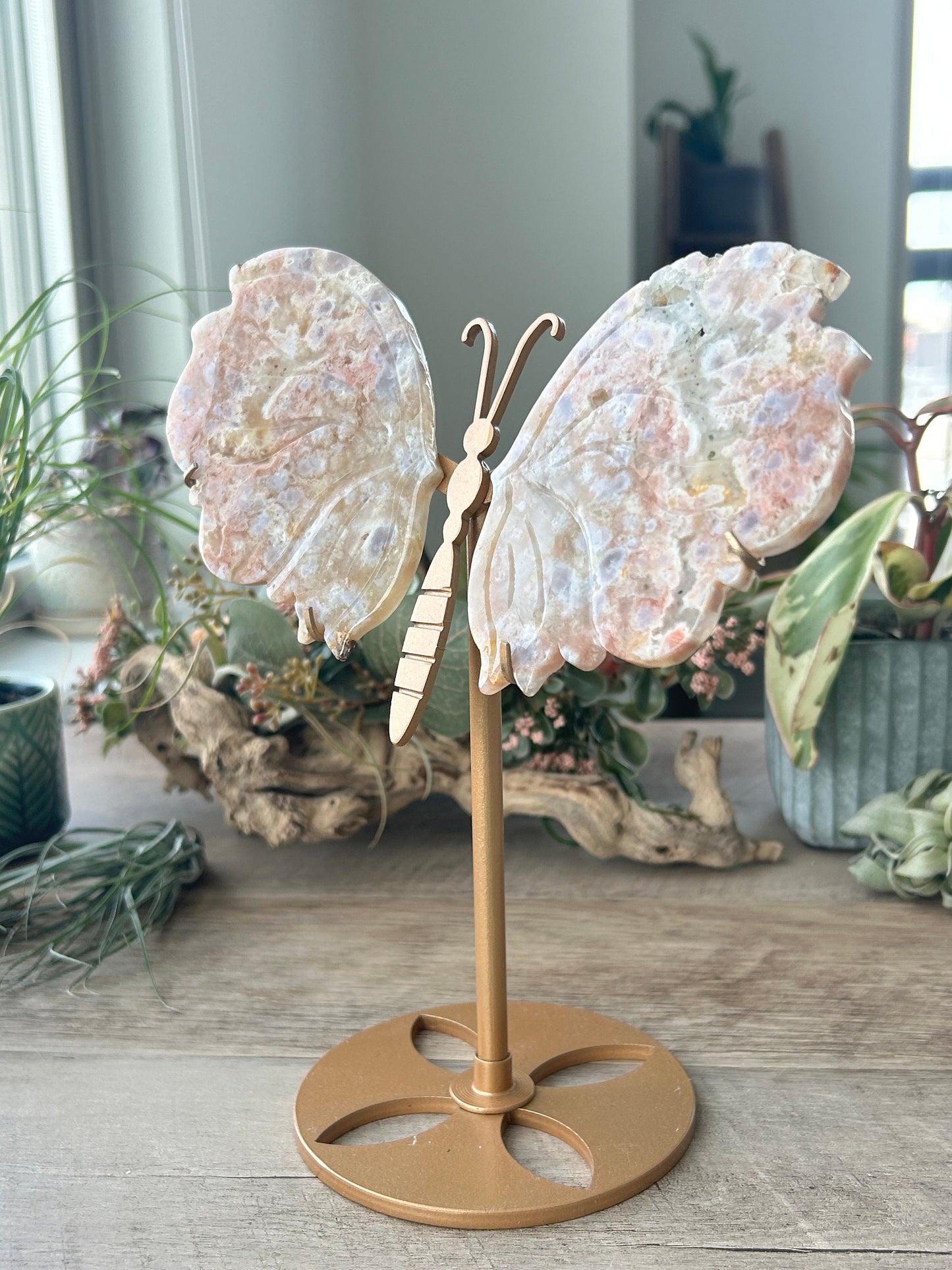 Dreamy Druzy Flower Agate Butterfly on Gold Stand | Colorful Flower Agate Wings | Pink Moss Agate | Crystal Gifts | Spiritual Home Decor-Butterfly Wings/ Sets-flower agate