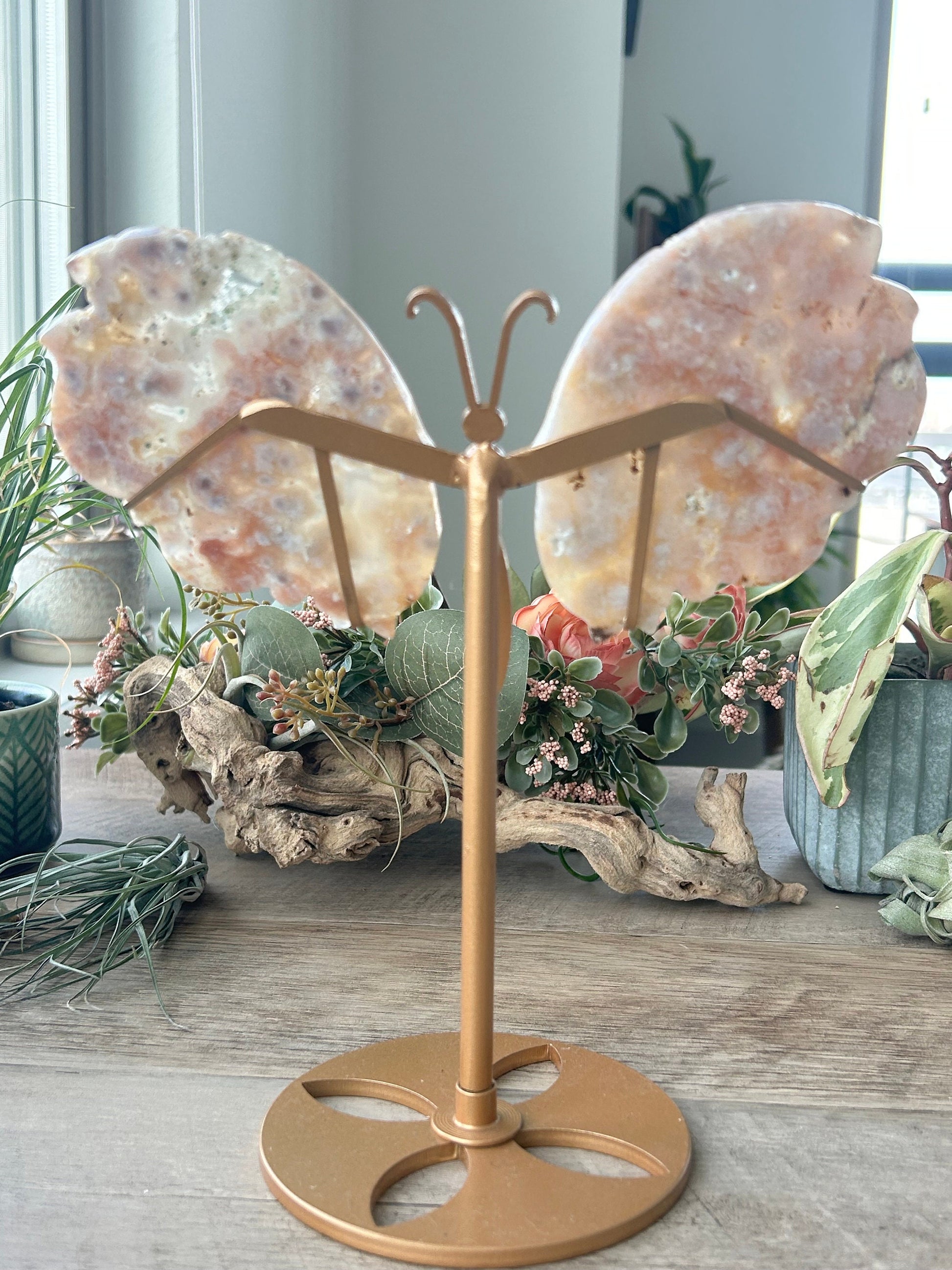 Dreamy Druzy Flower Agate Butterfly on Gold Stand | Colorful Flower Agate Wings | Pink Moss Agate | Crystal Gifts | Spiritual Home Decor-Butterfly Wings/ Sets-flower agate