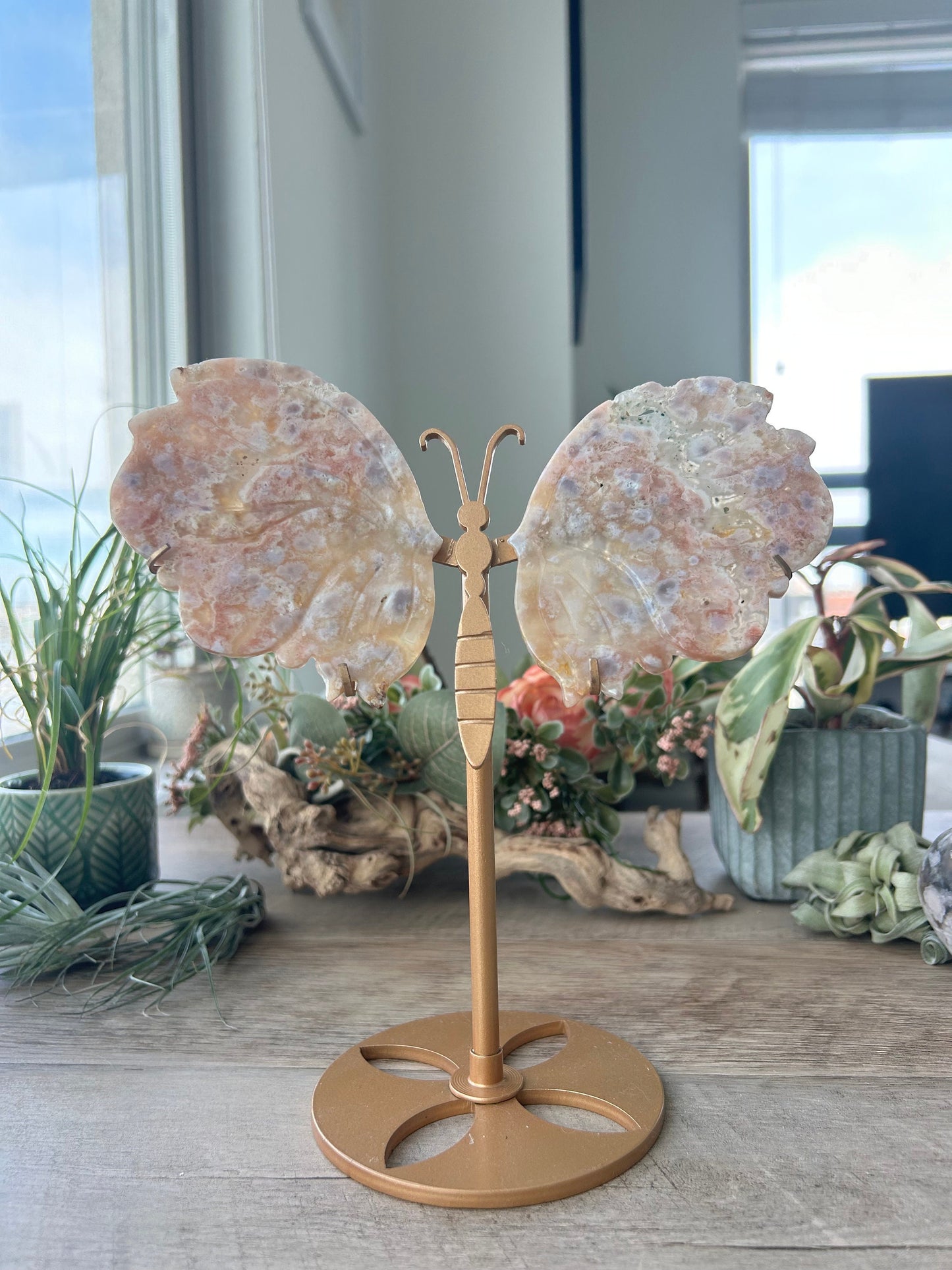 Dreamy Druzy Flower Agate Butterfly on Gold Stand | Colorful Flower Agate Wings | Pink Moss Agate | Crystal Gifts | Spiritual Home Decor-Butterfly Wings/ Sets-flower agate