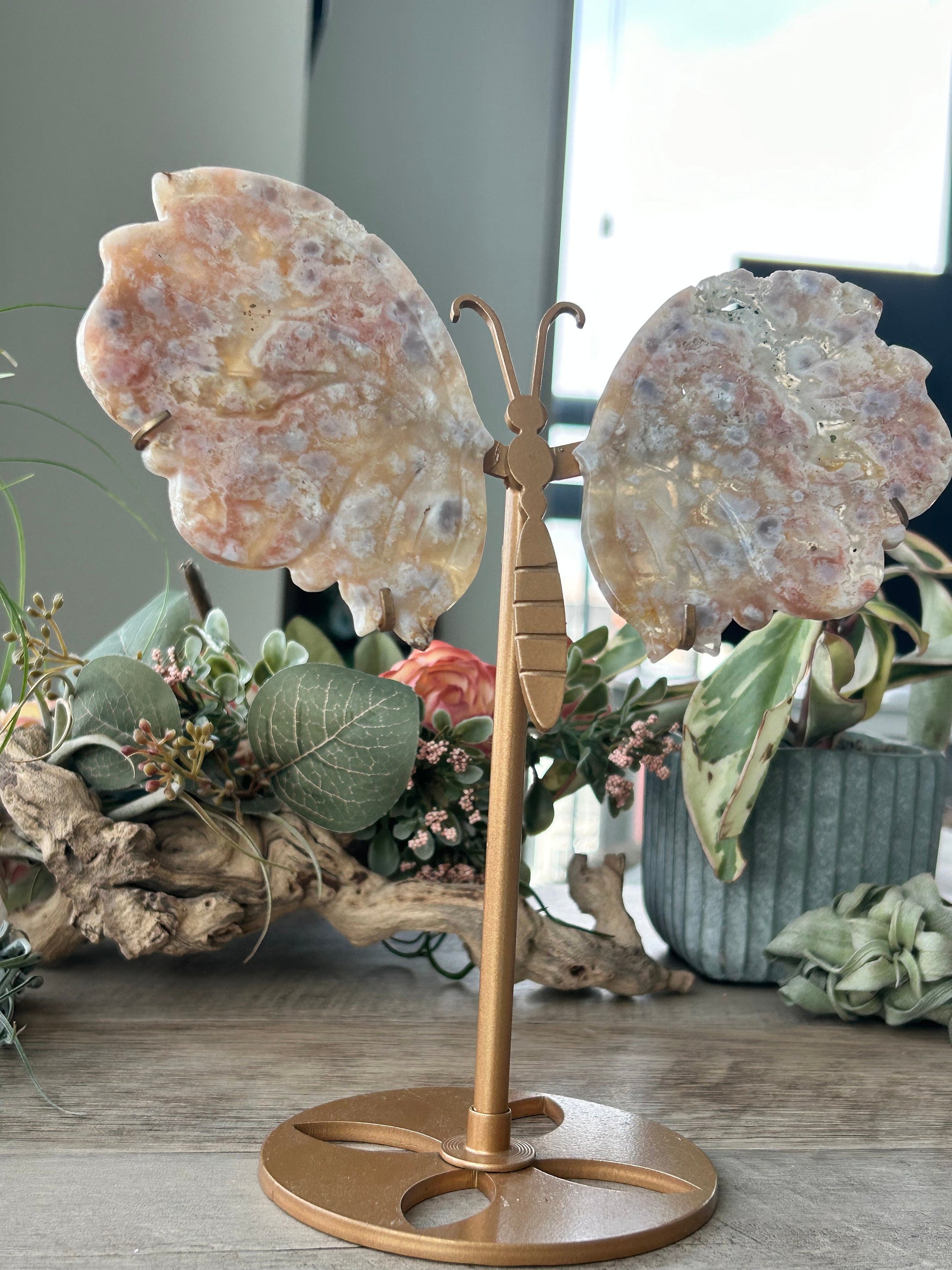 Dreamy Druzy Flower Agate Butterfly on Gold Stand | Colorful Flower Agate Wings | Pink Moss Agate | Crystal Gifts | Spiritual Home Decor-Butterfly Wings/ Sets-flower agate