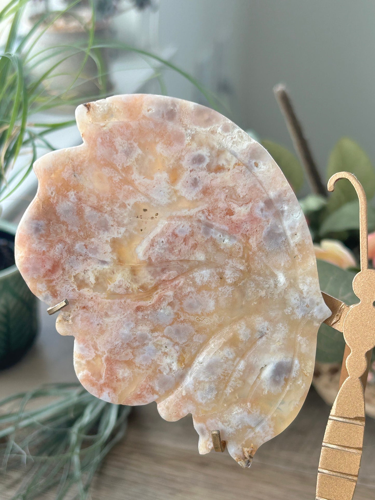 Dreamy Druzy Flower Agate Butterfly on Gold Stand | Colorful Flower Agate Wings | Pink Moss Agate | Crystal Gifts | Spiritual Home Decor-Butterfly Wings/ Sets-flower agate