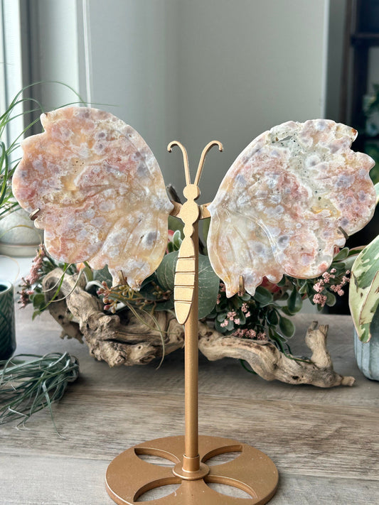 Dreamy Druzy Flower Agate Butterfly on Gold Stand | Colorful Flower Agate Wings | Pink Moss Agate | Crystal Gifts | Spiritual Home Decor-Butterfly Wings/ Sets-flower agate