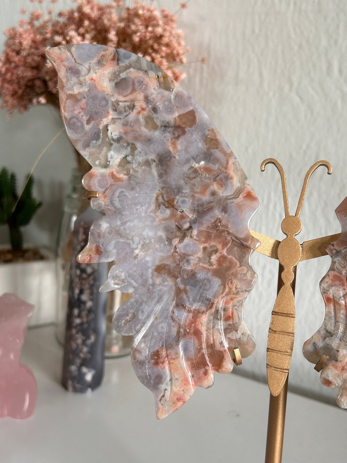 Beautiful High Quality Top Grade Natural Purple and Pink Flower Agate Butterfly Wings on Custom Gold Stand | Crystal Wing Set | Crystal Gift-Butterfly Wings/ Sets-flower agate