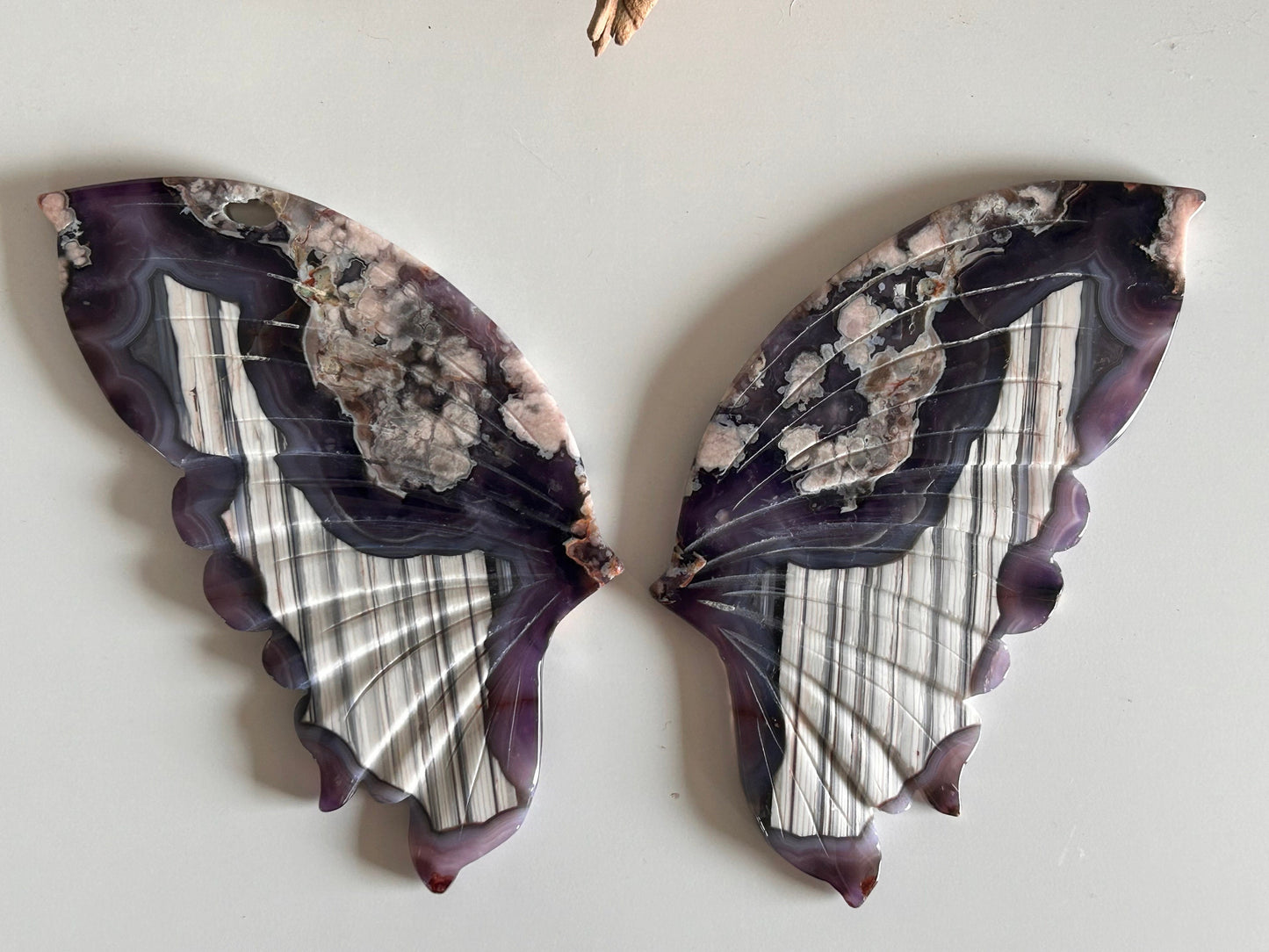 Rare, Grade AAA Blue and Purple Sakura Agate Butterfly Wings on Custom Gold Stand | Crystal Wing Set | Crystal Gift | Blue Flower Agate-Butterfly Wings/ Sets-Blue Flower Agate, Purple Chalcedony