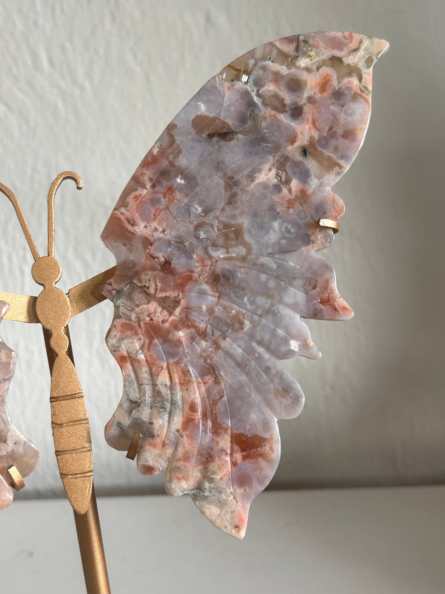 Beautiful High Quality Top Grade Natural Purple and Pink Flower Agate Butterfly Wings on Custom Gold Stand | Crystal Wing Set | Crystal Gift-Butterfly Wings/ Sets-flower agate