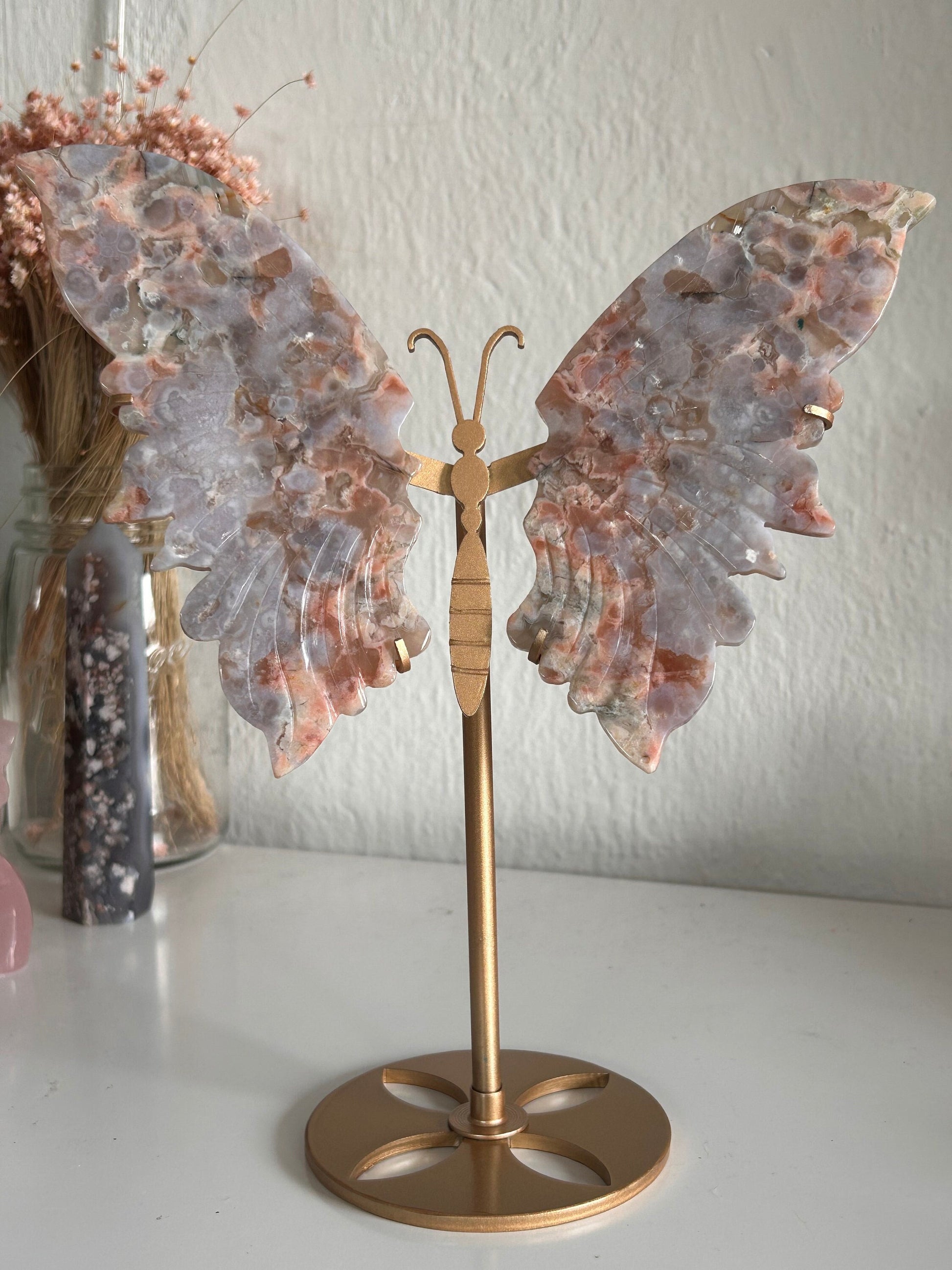 Beautiful High Quality Top Grade Natural Purple and Pink Flower Agate Butterfly Wings on Custom Gold Stand | Crystal Wing Set | Crystal Gift-Butterfly Wings/ Sets-flower agate