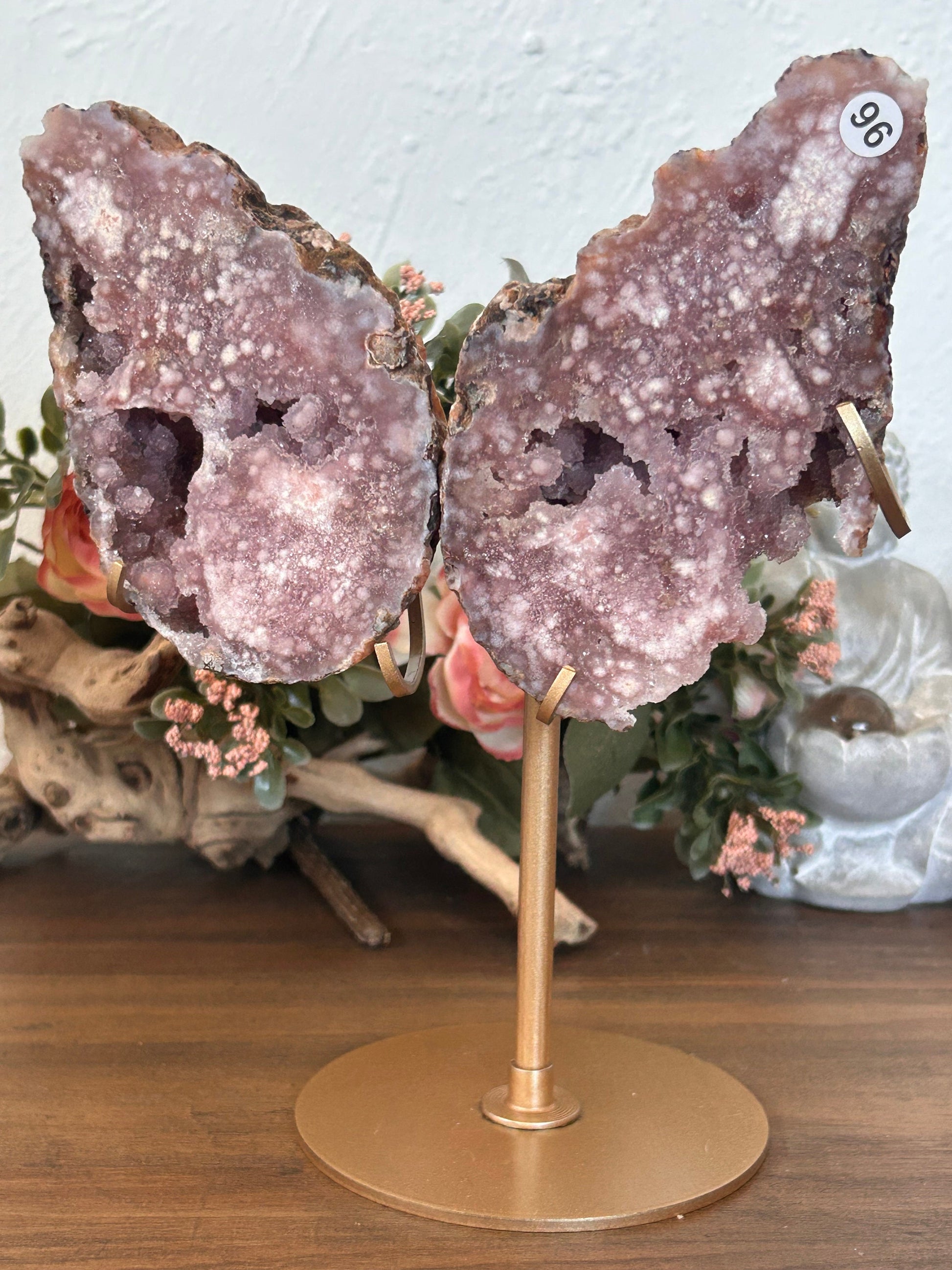 Beautiful High Quality/ Grade AAA Pink Amethyst Flower Agate Druzy Butterfly Wings on Custom Gold Stand | Crystal Butterfly Wing Set | Gift-Butterfly Wings/ Sets-pink amethyst, flower agate, purple amethyst