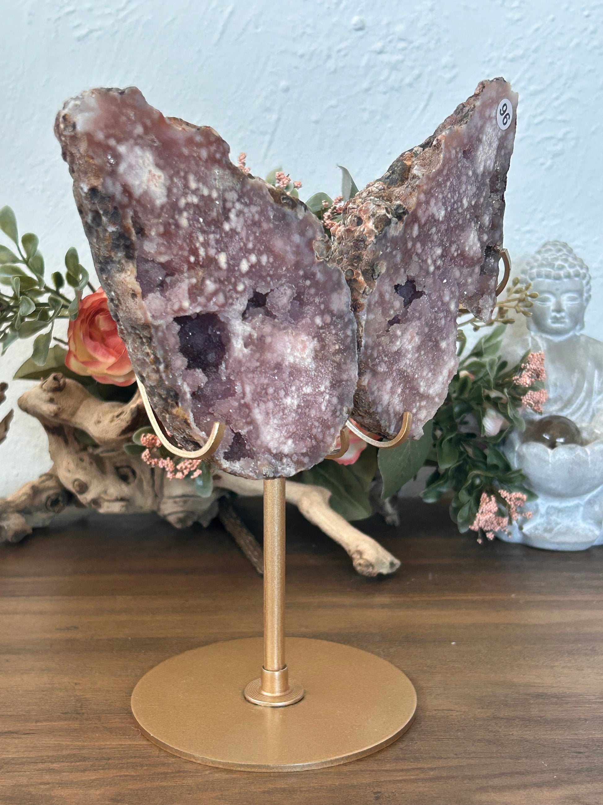 Beautiful High Quality/ Grade AAA Pink Amethyst Flower Agate Druzy Butterfly Wings on Custom Gold Stand | Crystal Butterfly Wing Set | Gift-Butterfly Wings/ Sets-pink amethyst, flower agate, purple amethyst