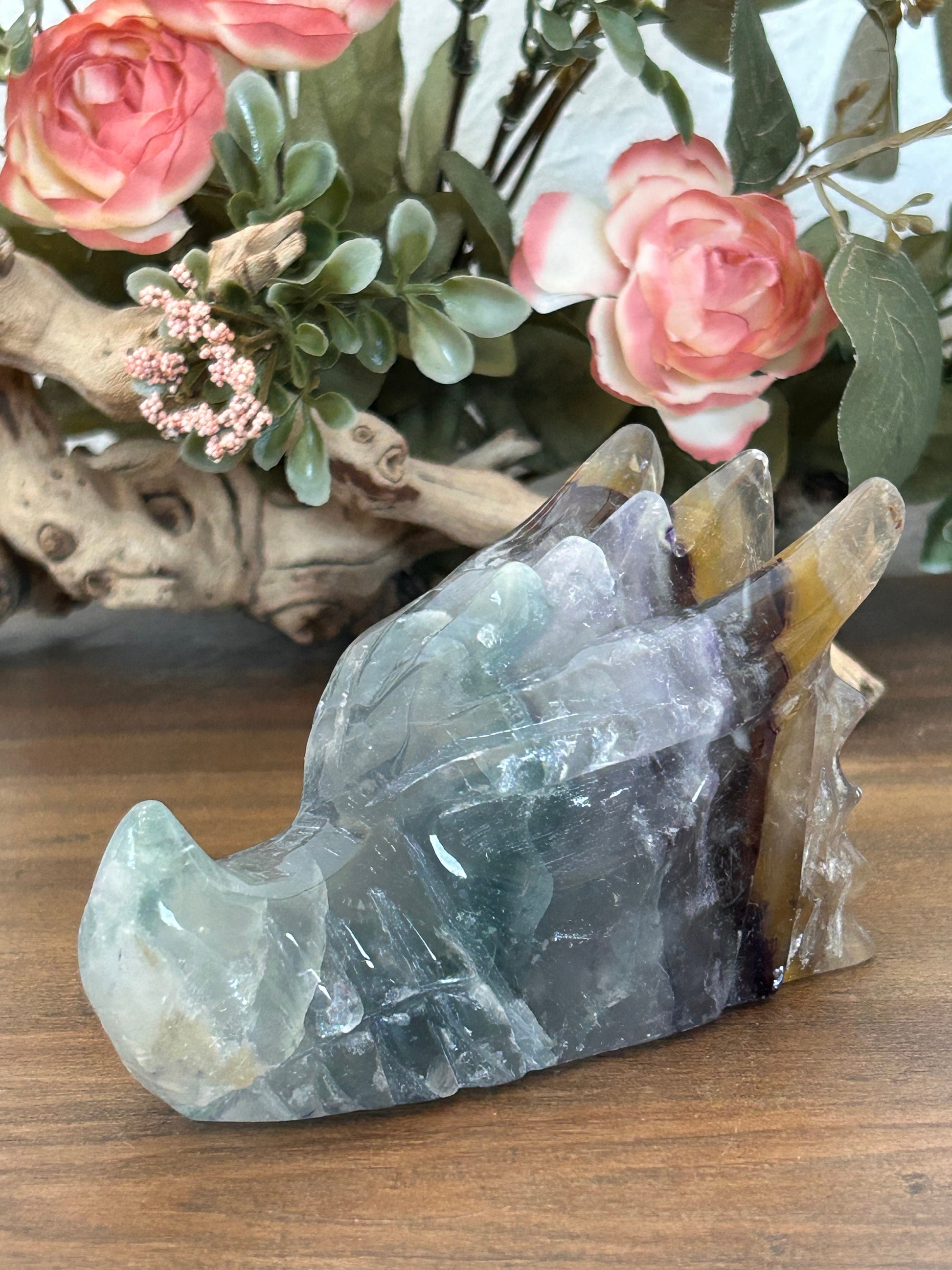 Beautiful Rainbow Fluorite Dragon Skull | Fluorite Dragon | Dragon Skull | Purple Fluorite Dragon Head | Crystal Gifts | Crystal Skull-Crystal Skulls-rainbow fluorite