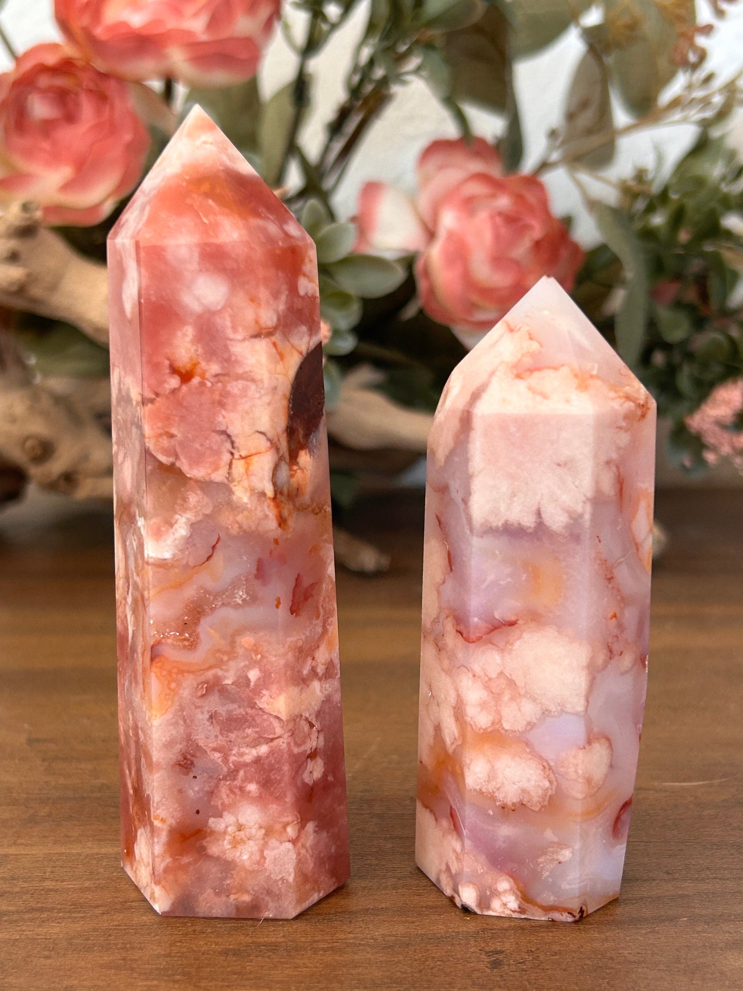 Natural Carnelian Flower Agate Tower | Carnelian Agate | Flower Agate Point | Sakura Agate Tower | Reiki Crystals | Crystal Gifts-Crystal Towers-Flower agate, Carnelian