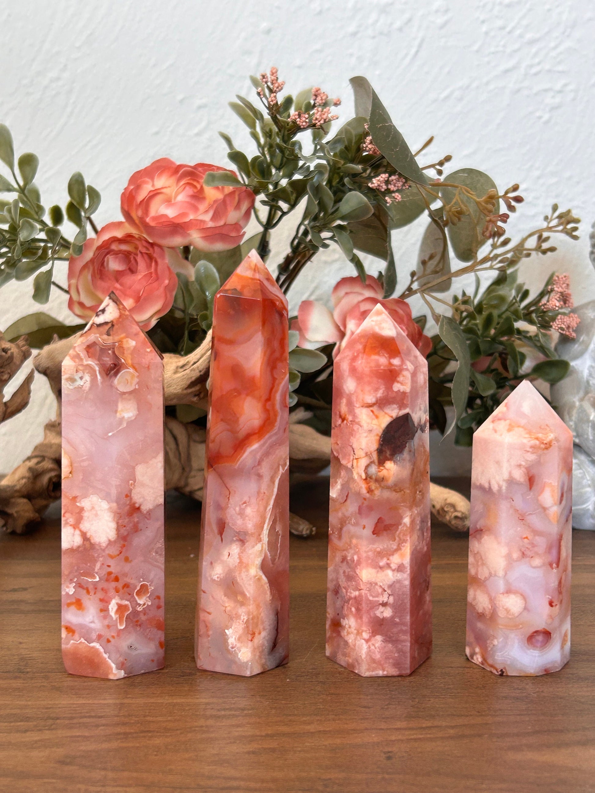 Natural Carnelian Flower Agate Tower | Carnelian Agate | Flower Agate Point | Sakura Agate Tower | Reiki Crystals | Crystal Gifts-Crystal Towers-Flower agate, Carnelian