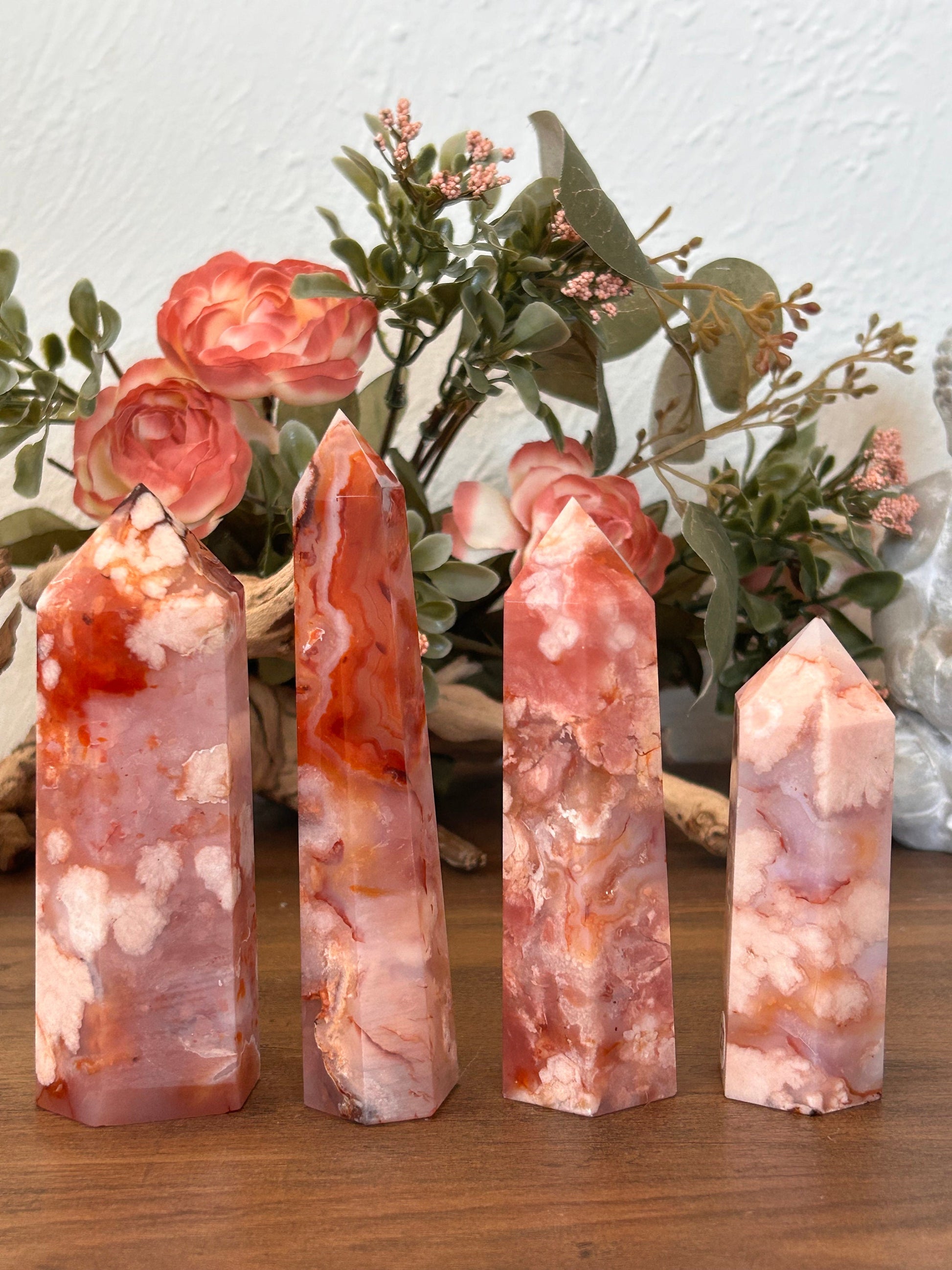 Natural Carnelian Flower Agate Tower | Carnelian Agate | Flower Agate Point | Sakura Agate Tower | Reiki Crystals | Crystal Gifts-Crystal Towers-Flower agate, Carnelian