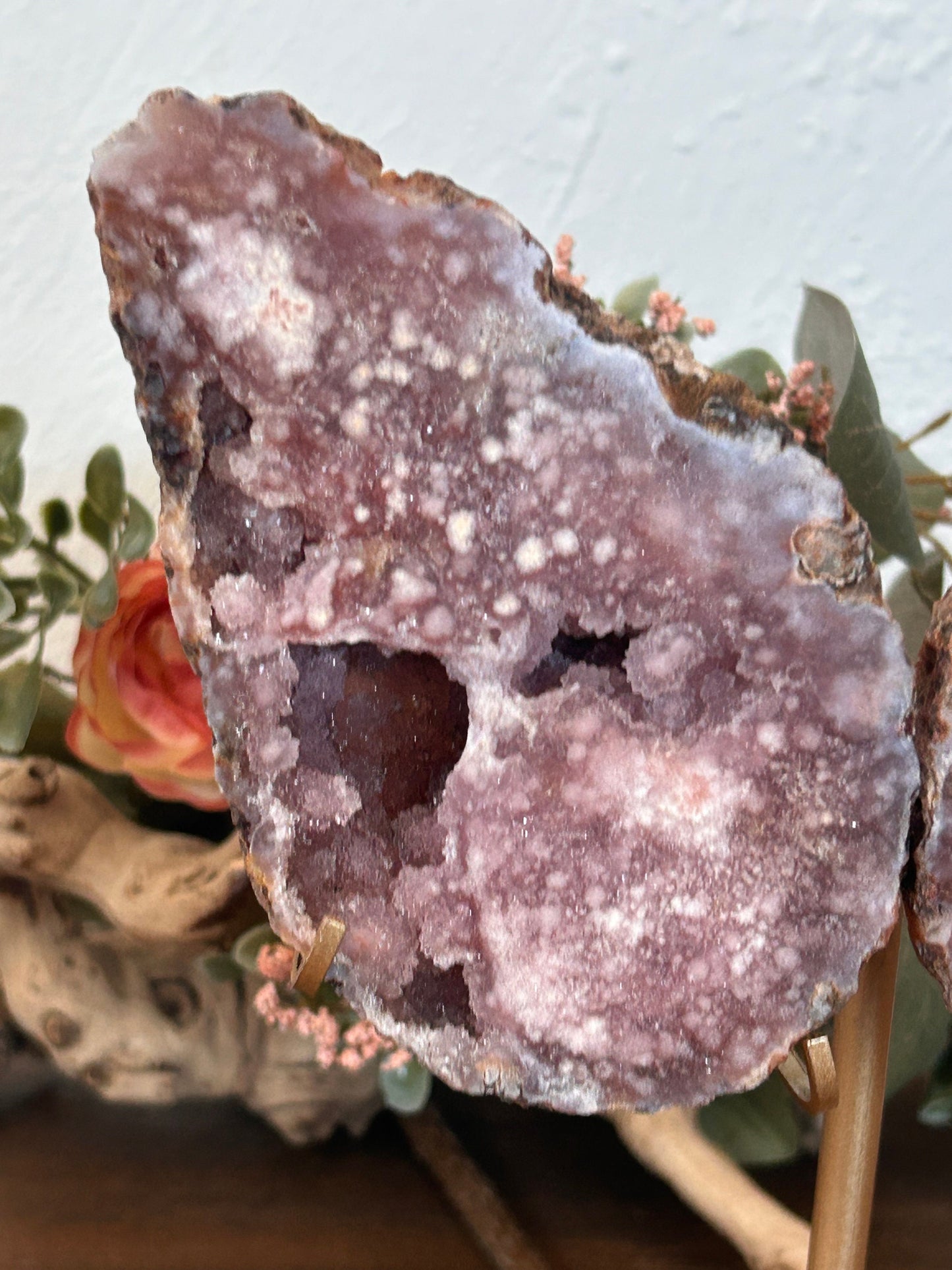 Beautiful High Quality/ Grade AAA Pink Amethyst Flower Agate Druzy Butterfly Wings on Custom Gold Stand | Crystal Butterfly Wing Set | Gift-Butterfly Wings/ Sets-pink amethyst, flower agate, purple amethyst