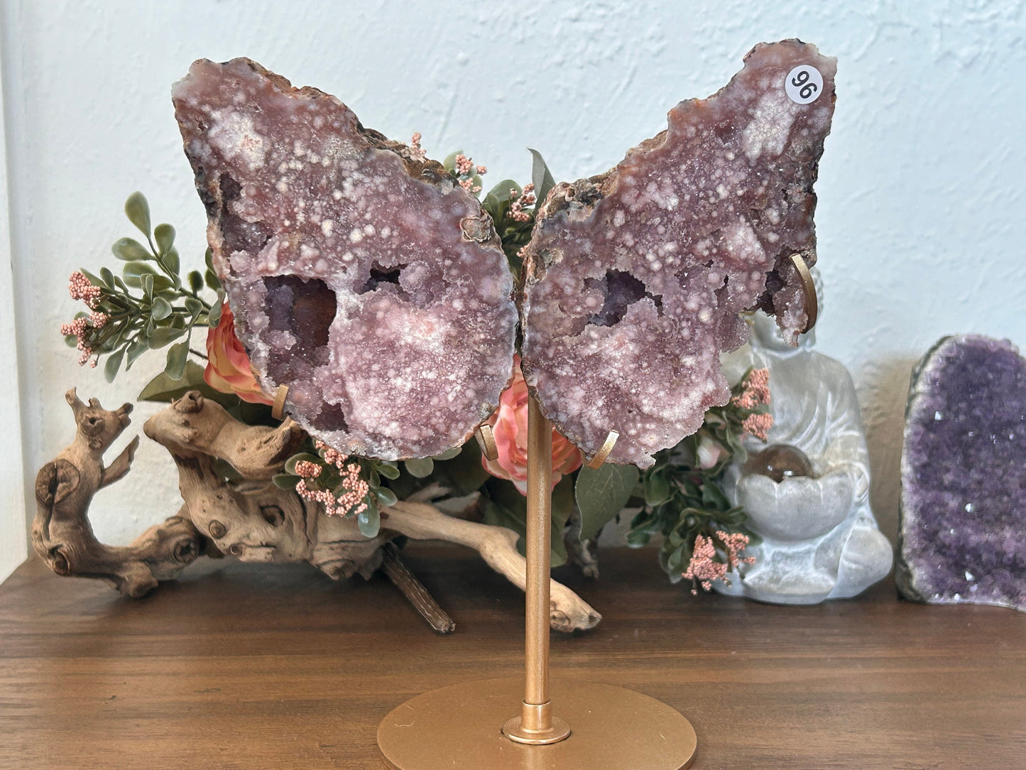 Beautiful High Quality/ Grade AAA Pink Amethyst Flower Agate Druzy Butterfly Wings on Custom Gold Stand | Crystal Butterfly Wing Set | Gift-Butterfly Wings/ Sets-pink amethyst, flower agate, purple amethyst