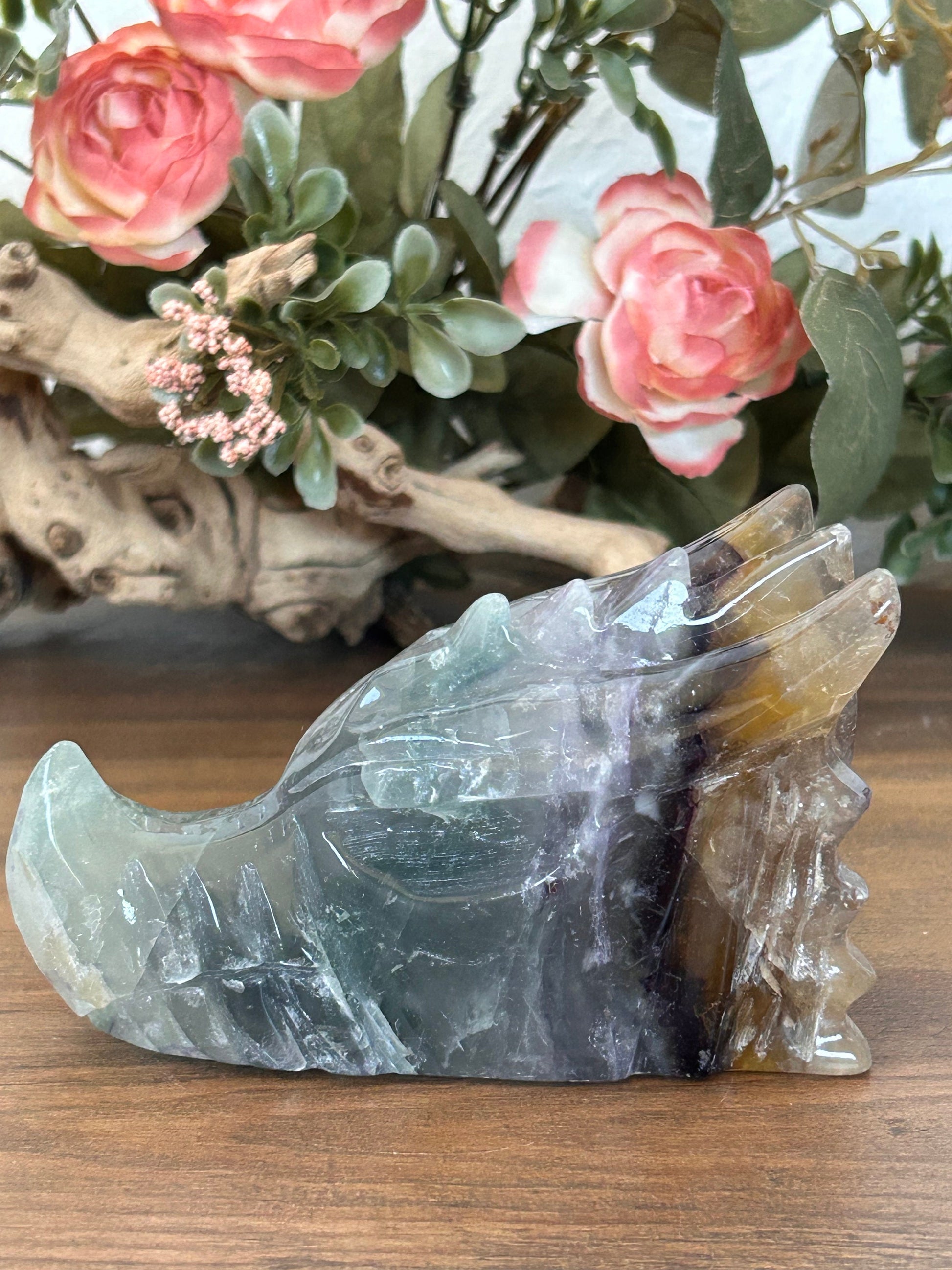 Beautiful Rainbow Fluorite Dragon Skull | Fluorite Dragon | Dragon Skull | Purple Fluorite Dragon Head | Crystal Gifts | Crystal Skull-Crystal Skulls-rainbow fluorite