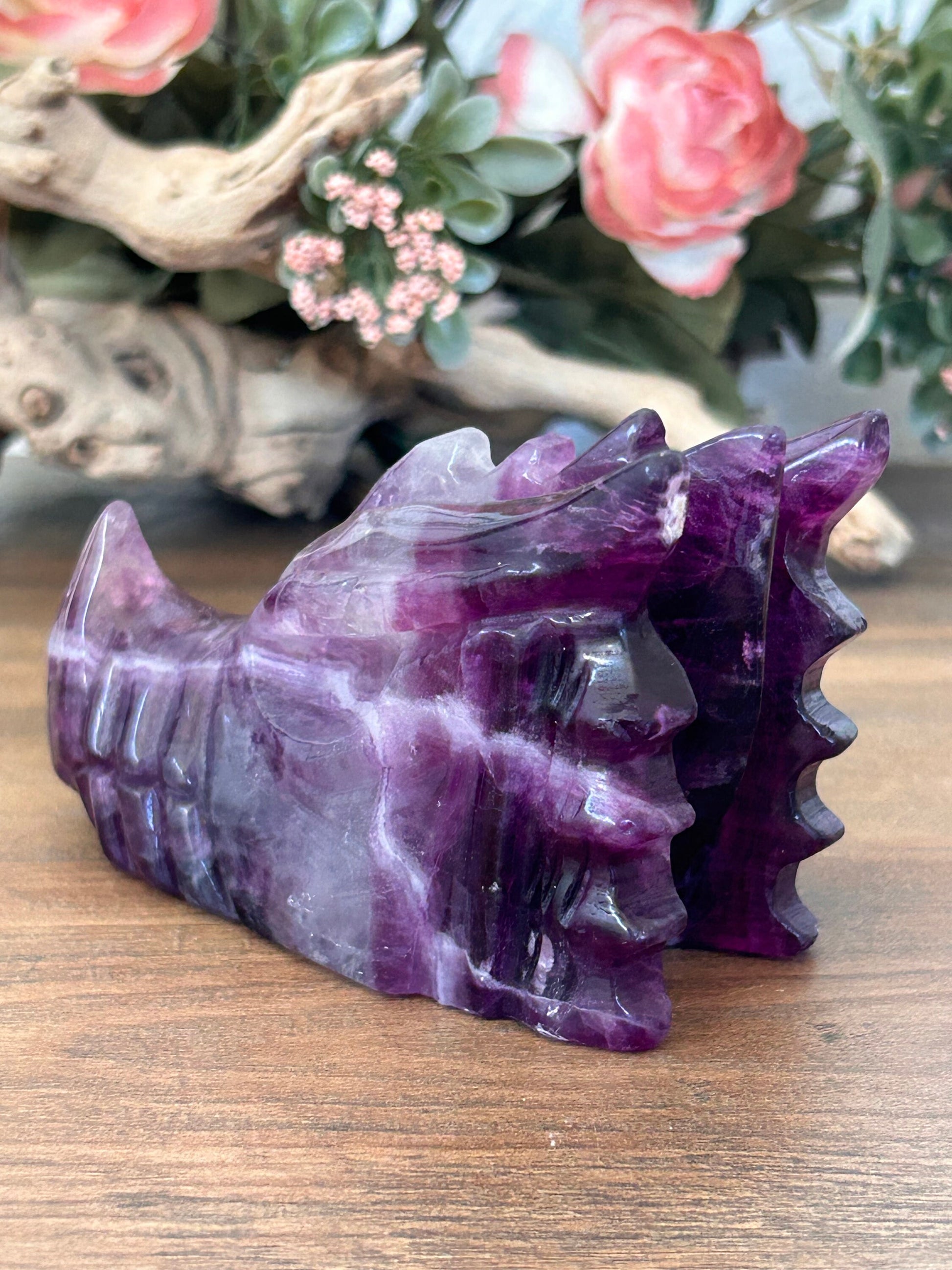 Beautiful Rainbow Fluorite Dragon Skull | Fluorite Dragon | Dragon Skull | Purple Fluorite Dragon Head | Crystal Gifts | Crystal Skull-Crystal Skulls-rainbow fluorite