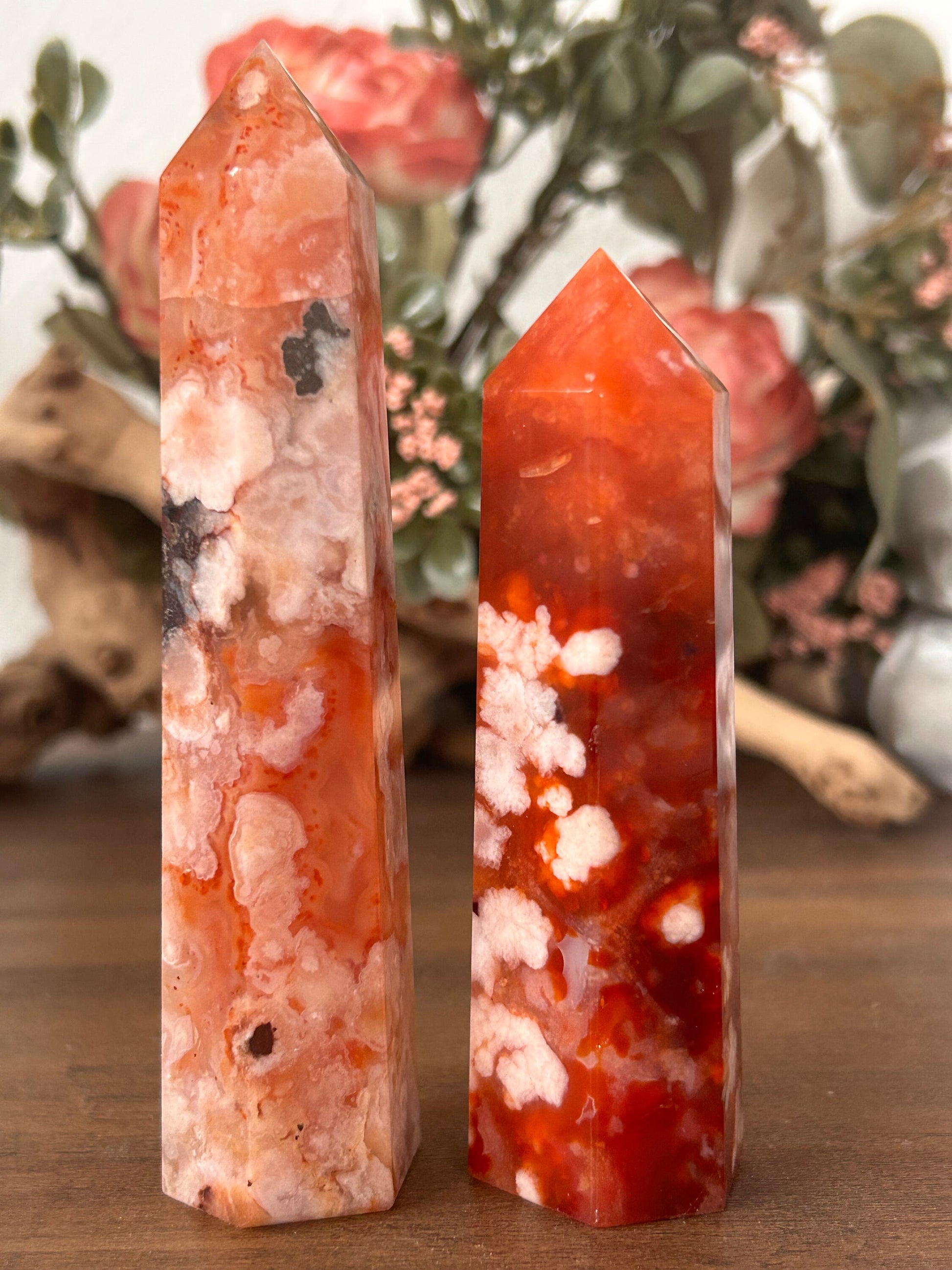 Natural Carnelian Flower Agate Tower | Carnelian Agate | Flower Agate Point | Sakura Agate Tower | Reiki Crystals | Crystal Gifts