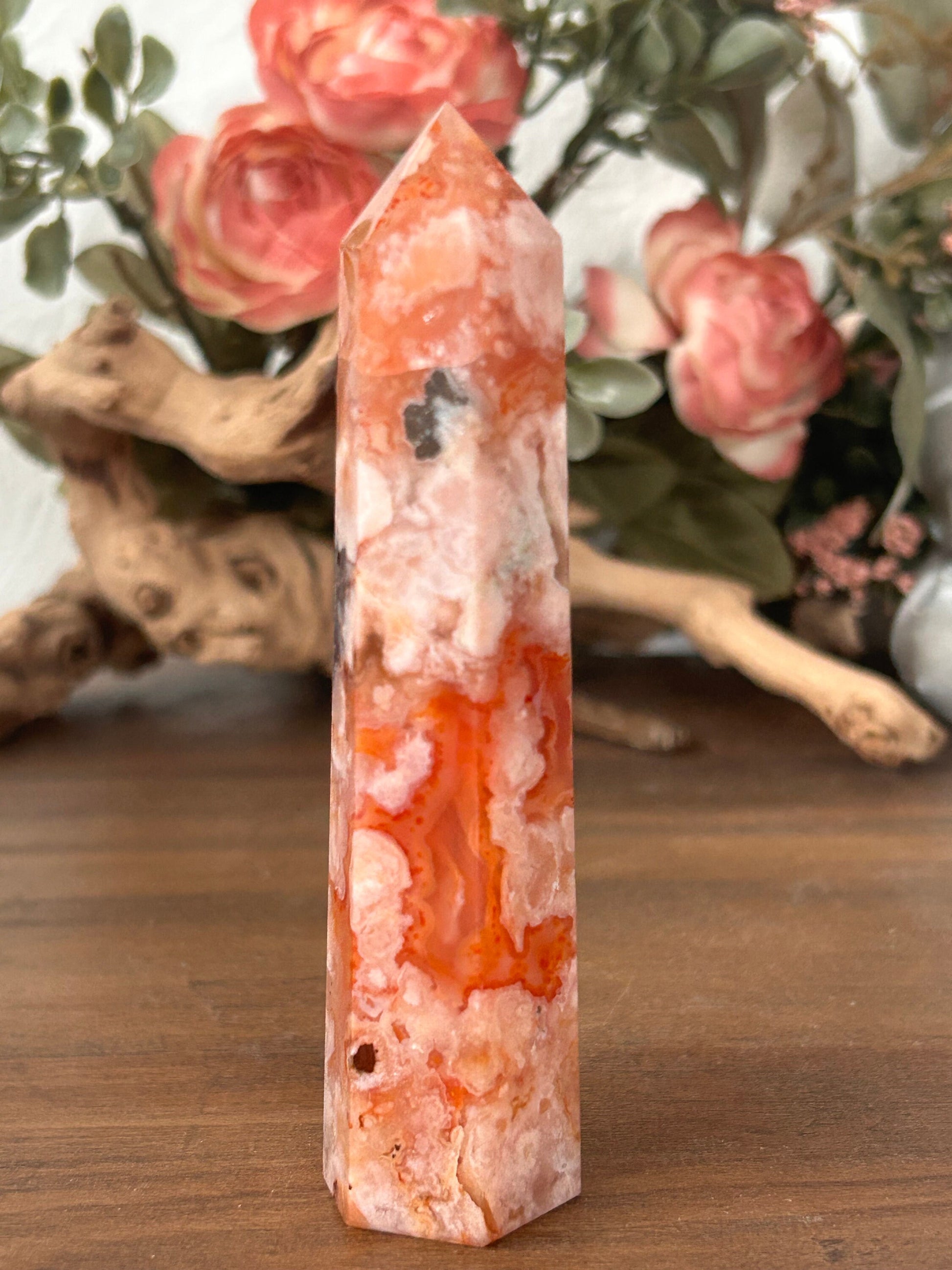 Natural Carnelian Flower Agate Tower | Carnelian Agate | Flower Agate Point | Sakura Agate Tower | Reiki Crystals | Crystal Gifts