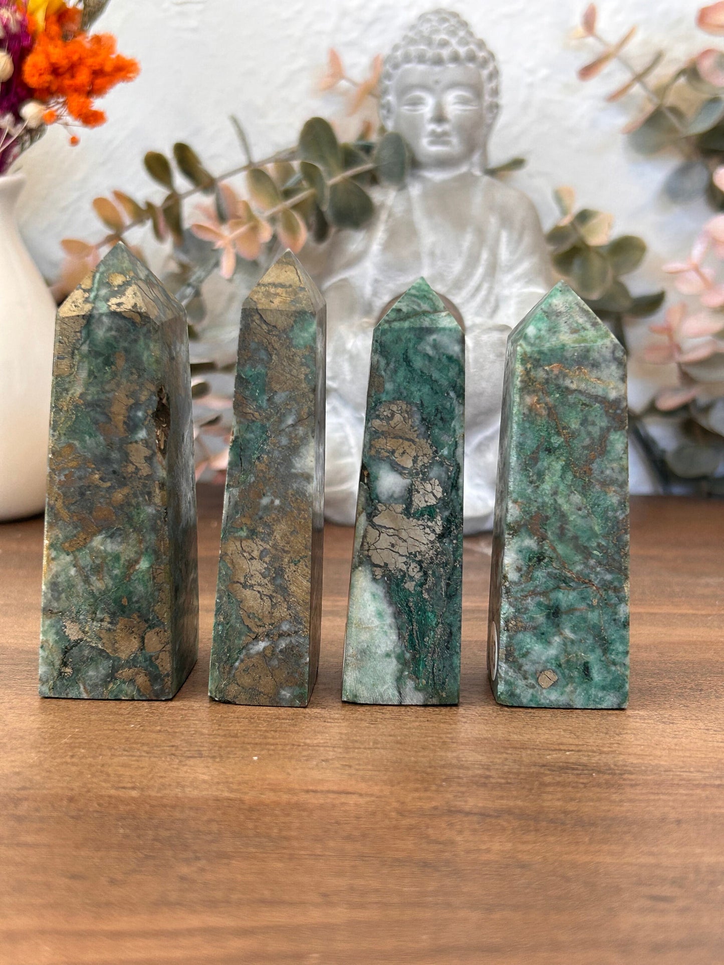 Dioptase Tower | Natural Pyrite in Agate Tower | Colorful Pyrite Point | Agitated Pyrite | Pyrite in Agate Crystal Tower Point Generator-Crystal Towers-