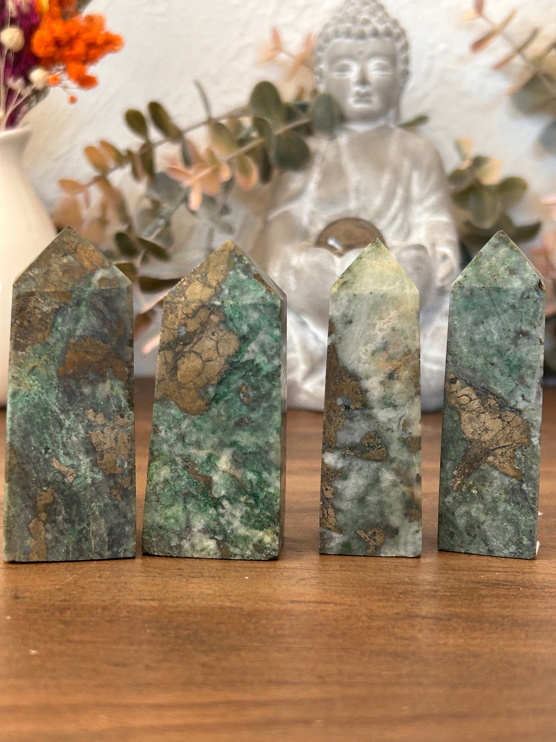 Dioptase Tower | Natural Pyrite in Agate Tower | Colorful Pyrite Point | Agitated Pyrite | Pyrite in Agate Crystal Tower Point Generator-Crystal Towers-Dioptase