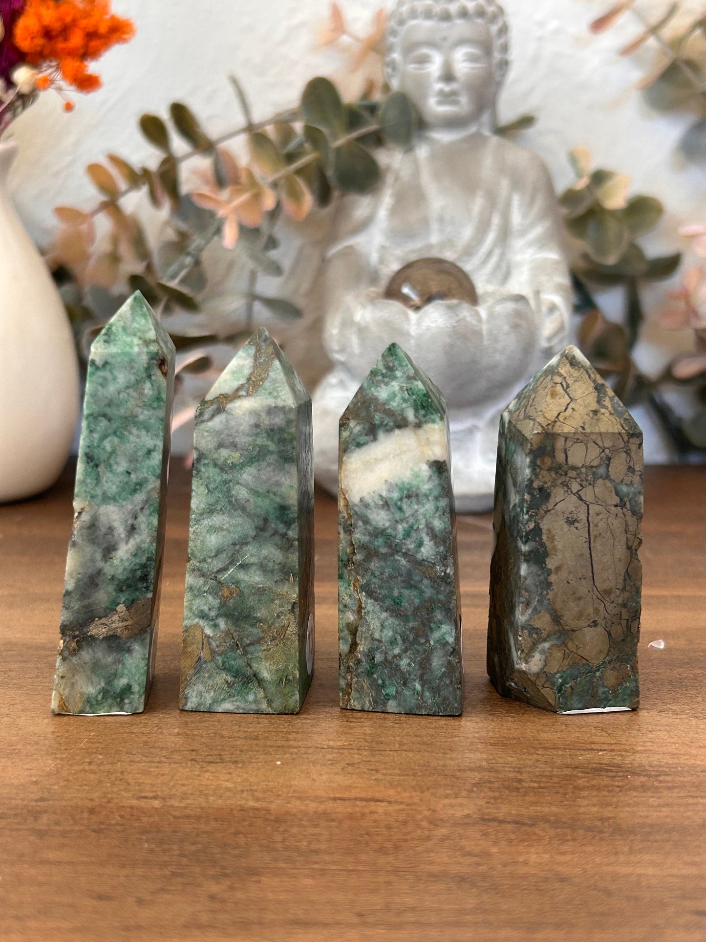 Dioptase Tower | Natural Pyrite in Agate Tower | Colorful Pyrite Point | Agitated Pyrite | Pyrite in Agate Crystal Tower Point Generator-Crystal Towers-Dioptase