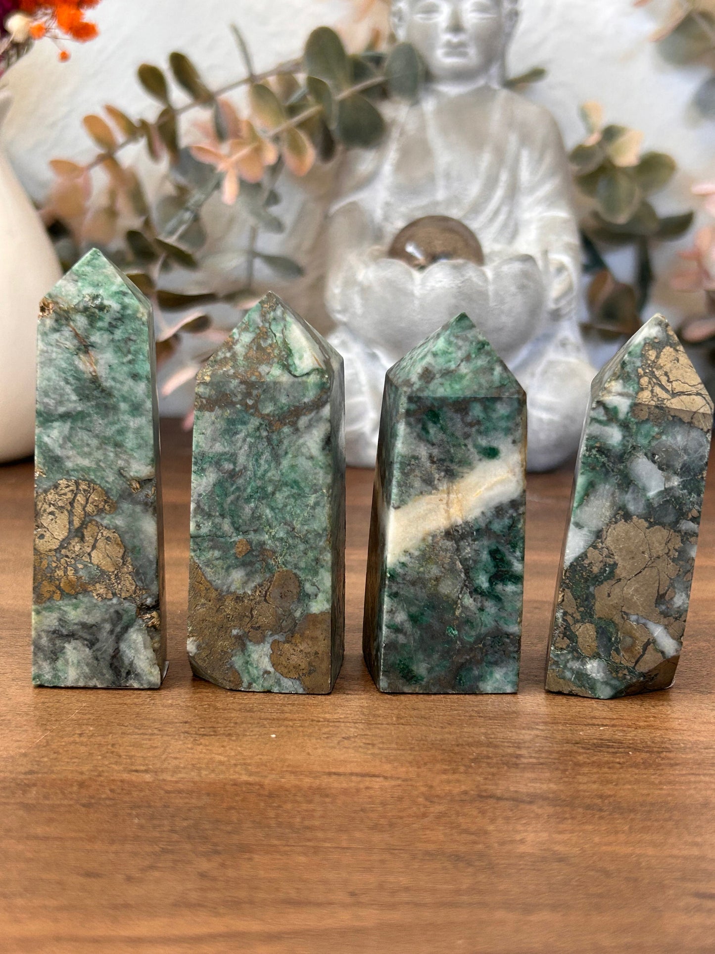 Dioptase Tower | Natural Pyrite in Agate Tower | Colorful Pyrite Point | Agitated Pyrite | Pyrite in Agate Crystal Tower Point Generator-Crystal Towers-Dioptase