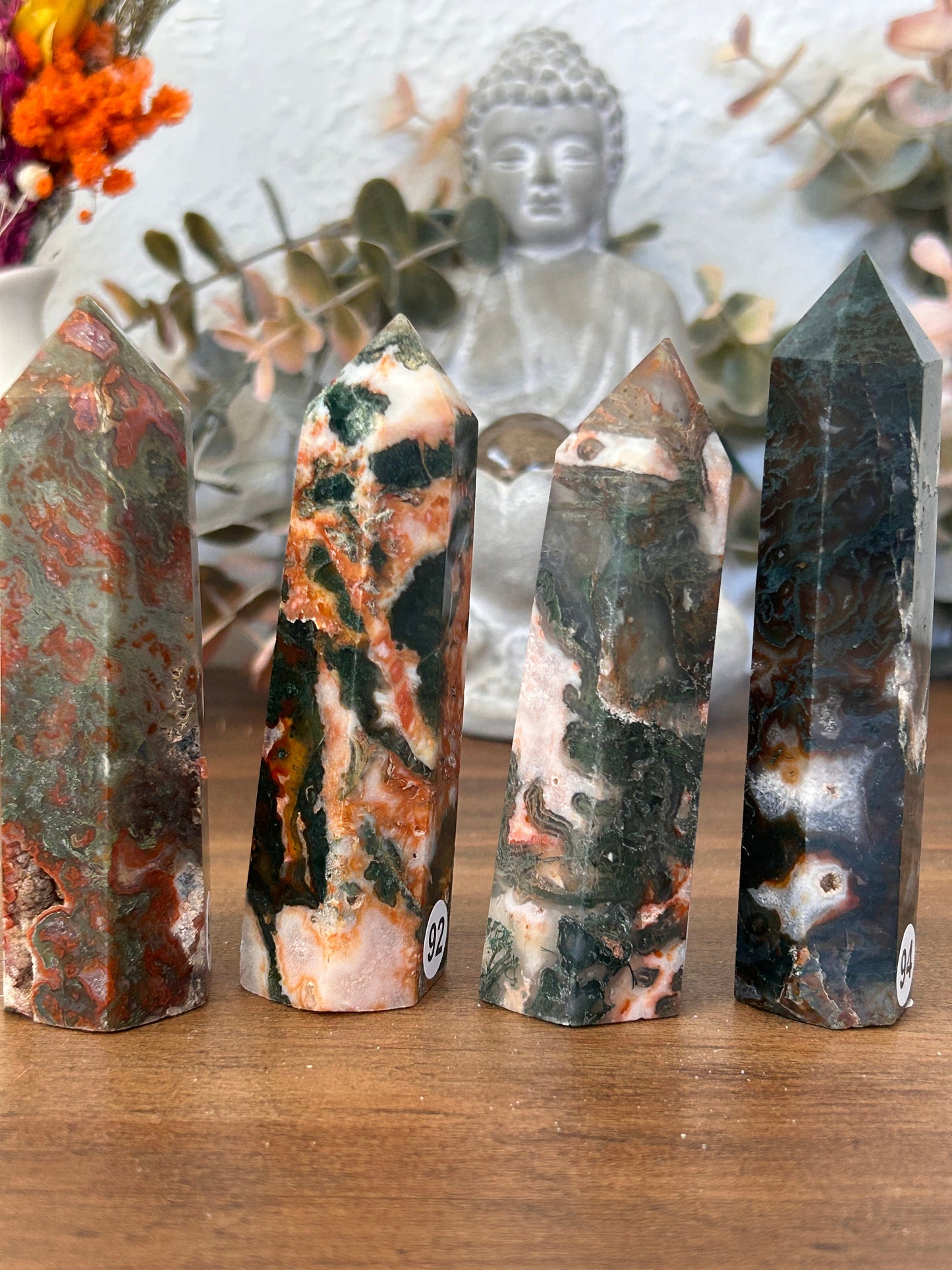 Colorful Natural Carnelian Moss Agate Crystal Obelisk Tower | Carnelian Tower | Druzy Moss Agate | Natural Healing Crystal | Crystal Gifts-Crystal Towers-Carnelian, Quartz, Moss Agate