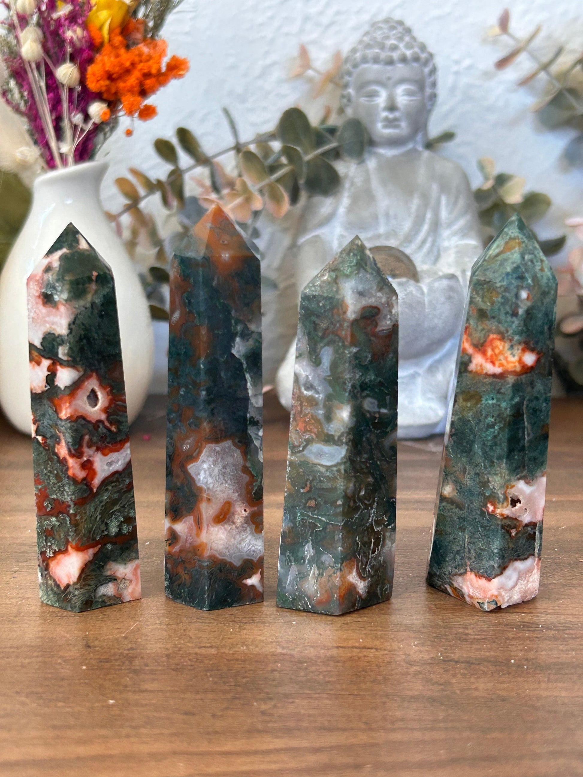 Colorful Natural Carnelian Moss Agate Crystal Obelisk Tower | Carnelian Tower | Druzy Moss Agate | Natural Healing Crystal | Crystal Gifts-Crystal Towers-Carnelian, Quartz, Moss Agate