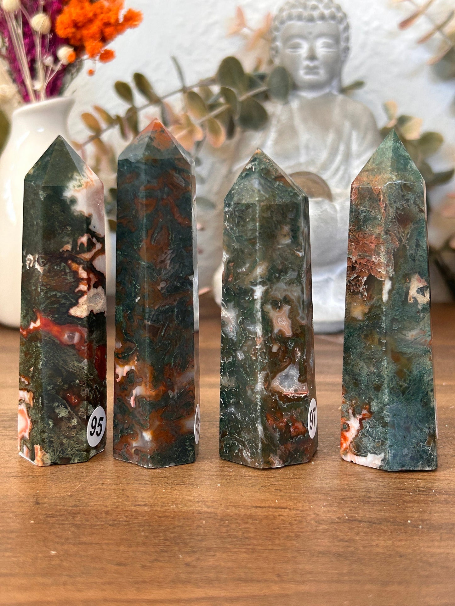 Colorful Natural Carnelian Moss Agate Crystal Obelisk Tower | Carnelian Tower | Druzy Moss Agate | Natural Healing Crystal | Crystal Gifts-Crystal Towers-Carnelian, Quartz, Moss Agate