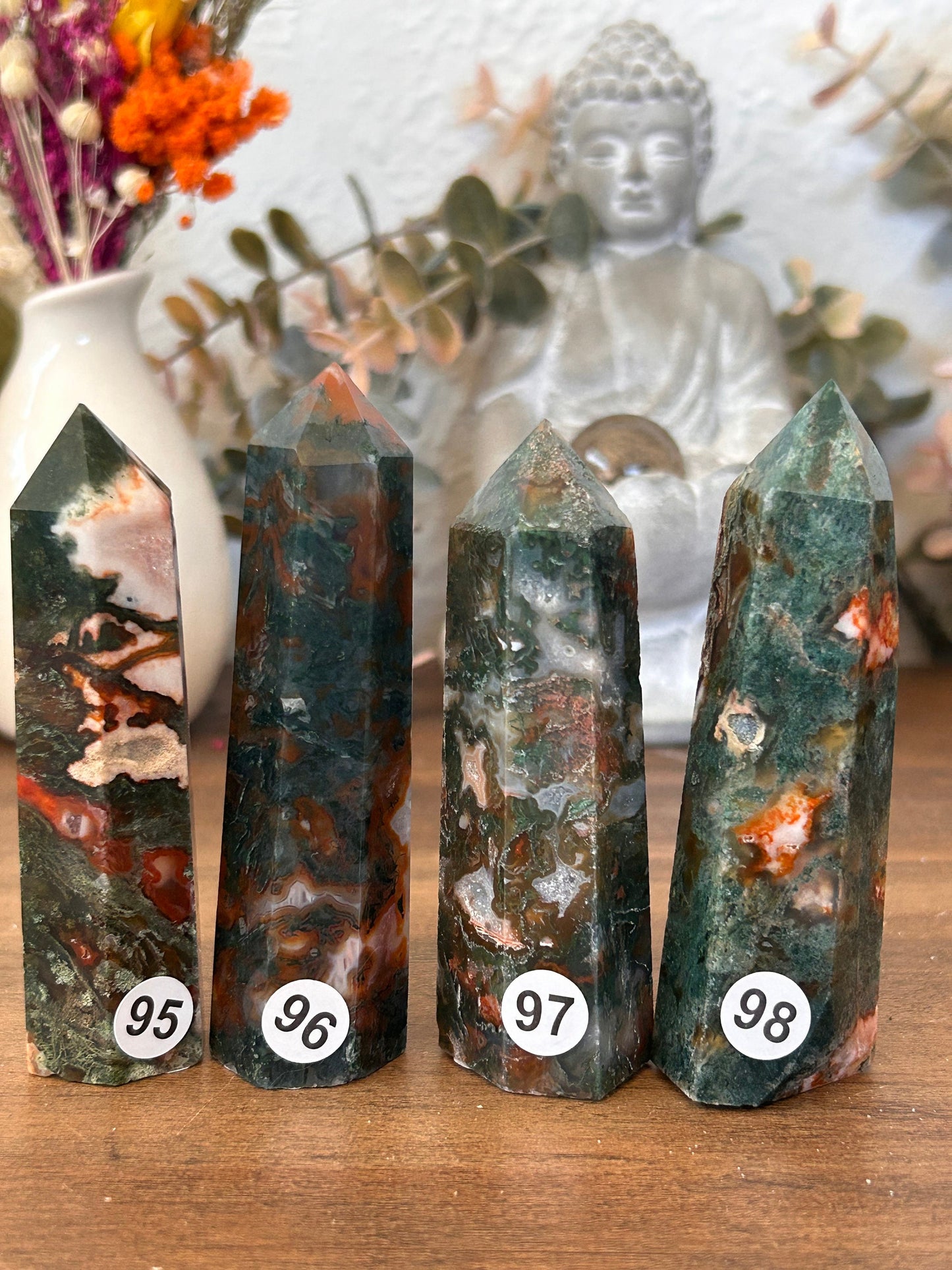 Colorful Natural Carnelian Moss Agate Crystal Obelisk Tower | Carnelian Tower | Druzy Moss Agate | Natural Healing Crystal | Crystal Gifts-Crystal Towers-Carnelian, Quartz, Moss Agate