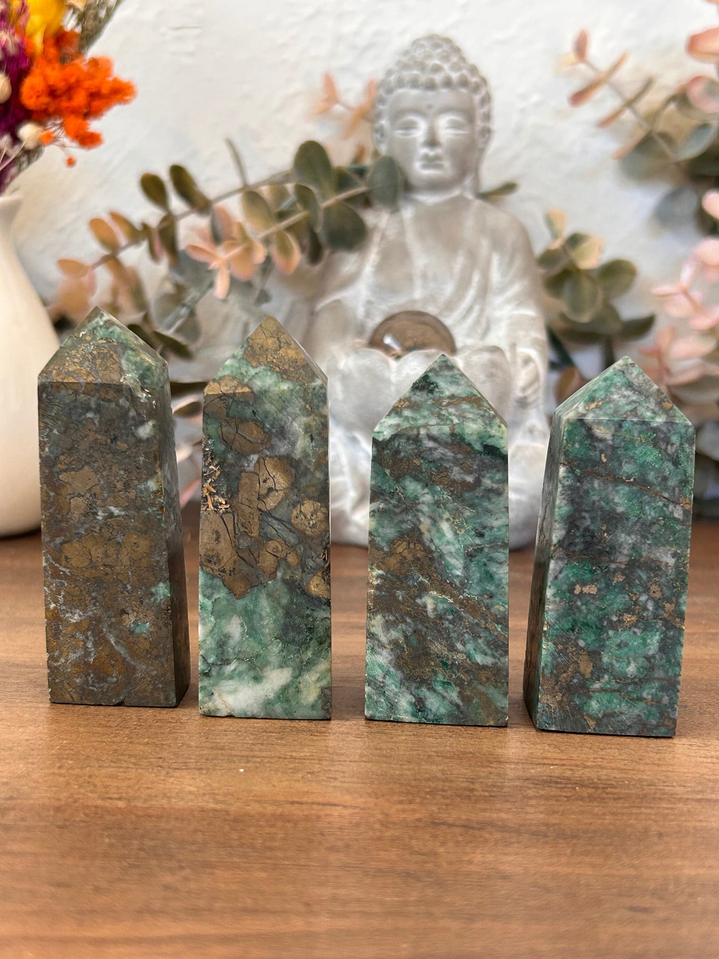 Dioptase Tower | Natural Pyrite in Agate Tower | Colorful Pyrite Point | Agitated Pyrite | Pyrite in Agate Crystal Tower Point Generator-Crystal Towers-