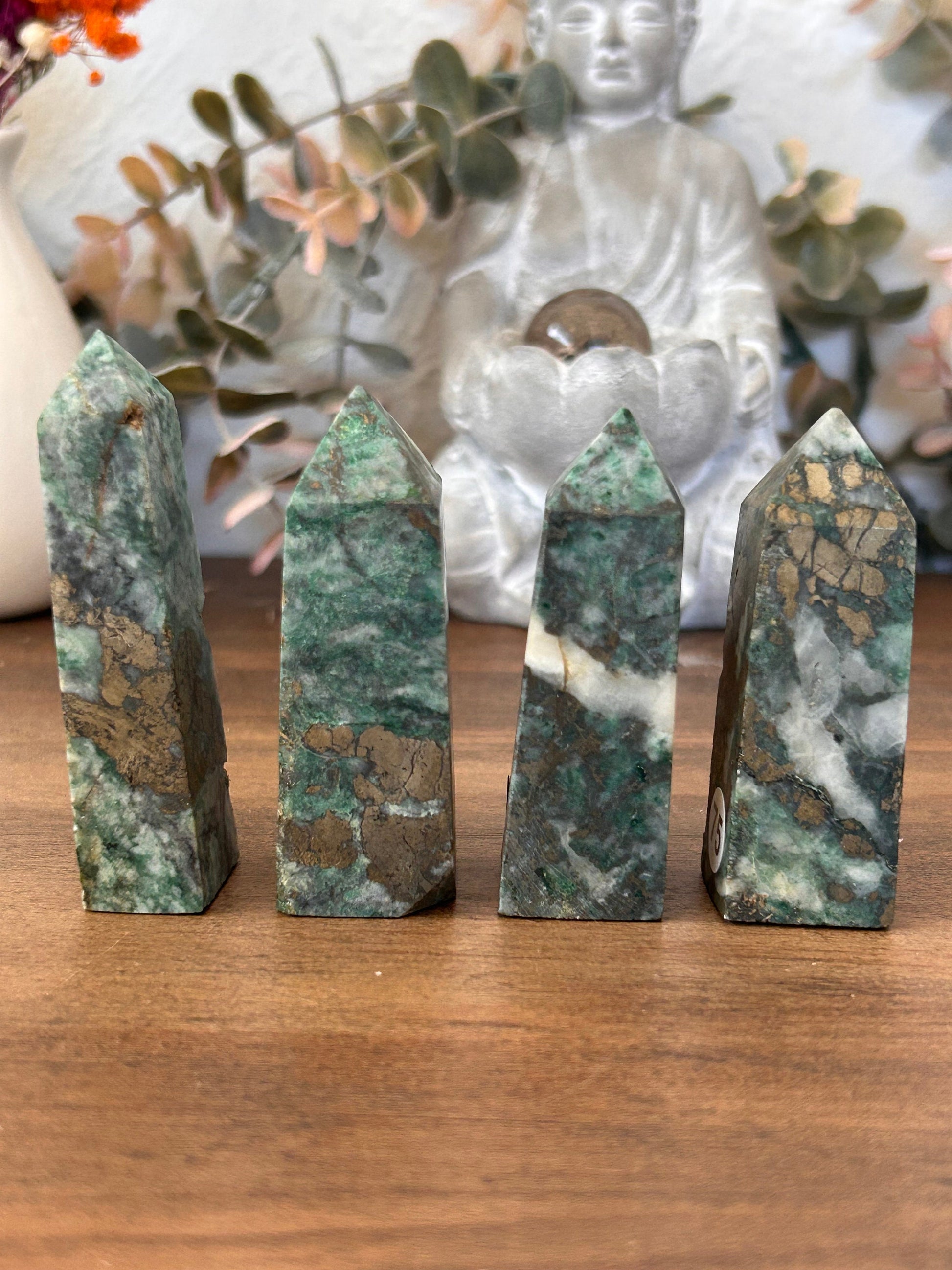 Dioptase Tower | Natural Pyrite in Agate Tower | Colorful Pyrite Point | Agitated Pyrite | Pyrite in Agate Crystal Tower Point Generator-Crystal Towers-Dioptase