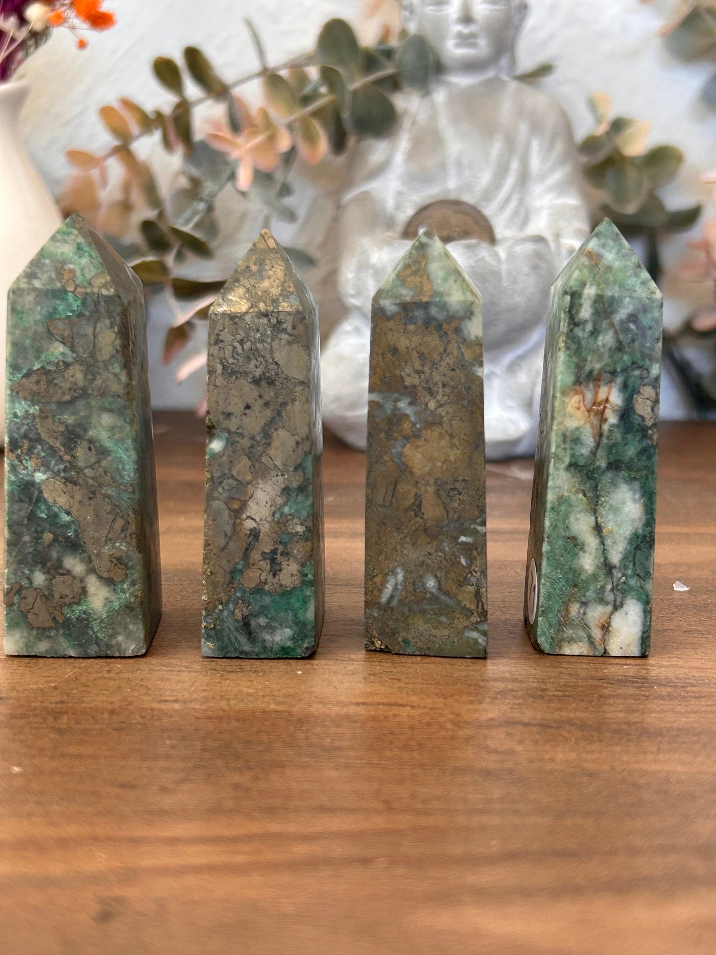 Dioptase Tower | Natural Pyrite in Agate Tower | Colorful Pyrite Point | Agitated Pyrite | Pyrite in Agate Crystal Tower Point Generator-Crystal Towers-Dioptase