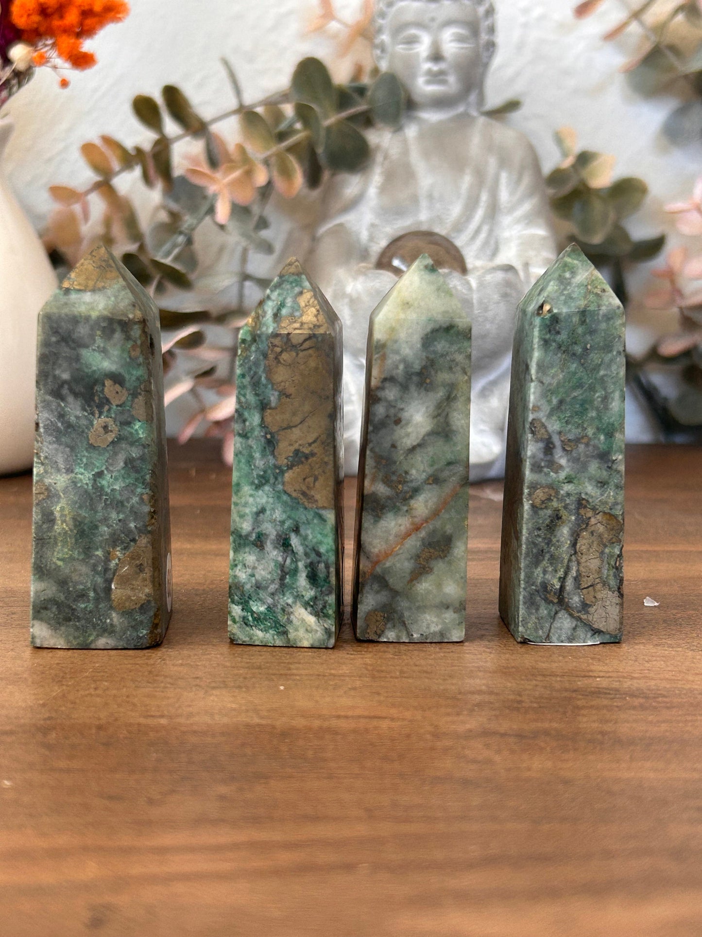 Dioptase Tower | Natural Pyrite in Agate Tower | Colorful Pyrite Point | Agitated Pyrite | Pyrite in Agate Crystal Tower Point Generator-Crystal Towers-Dioptase