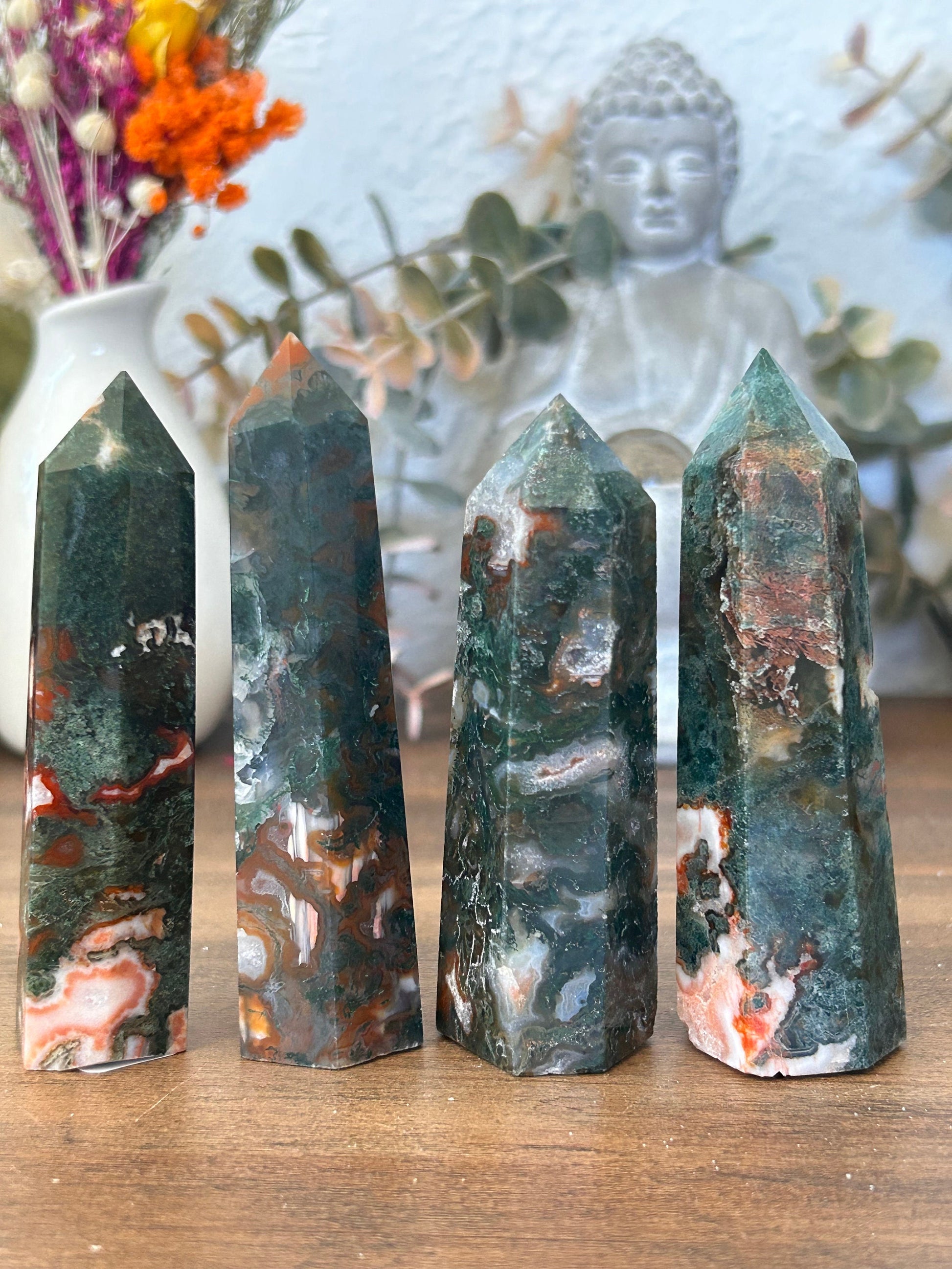 Colorful Natural Carnelian Moss Agate Crystal Obelisk Tower | Carnelian Tower | Druzy Moss Agate | Natural Healing Crystal | Crystal Gifts-Crystal Towers-Carnelian, Quartz, Moss Agate