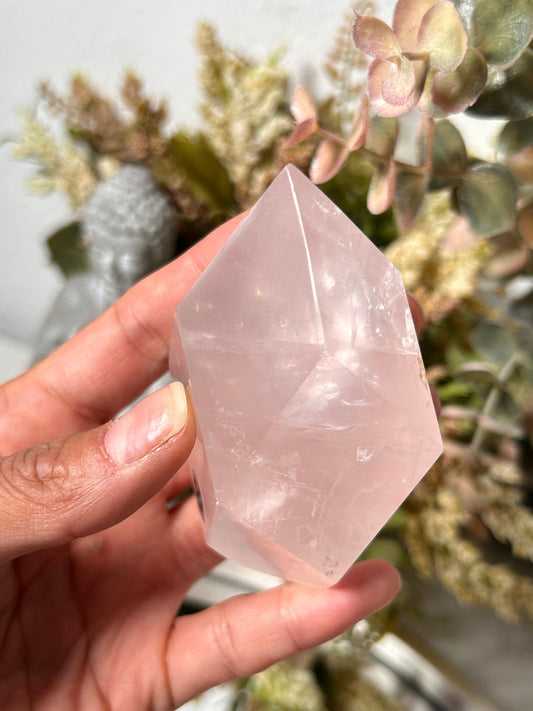 High Quality Rose Quartz Faceted Flame Filled with Rainbows | Madagascar | Large Rose Quartz Tower Point Obelisk | Crystal Gift | Home Decor-Crystal Flames-Rose Quartz