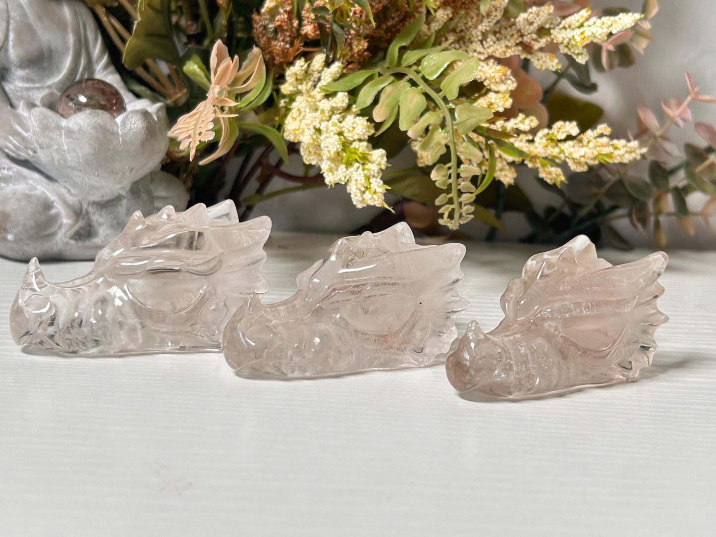 Crystal Dragon Skulls in Smokey Quartz, Clear Quartz & Garden Quartz | Dragon Heads | Crystal Skull | Skull Art | Home Decor | Crystal Gift-Crystal Skulls-Clear quartz, smokey quartz, garden quartz