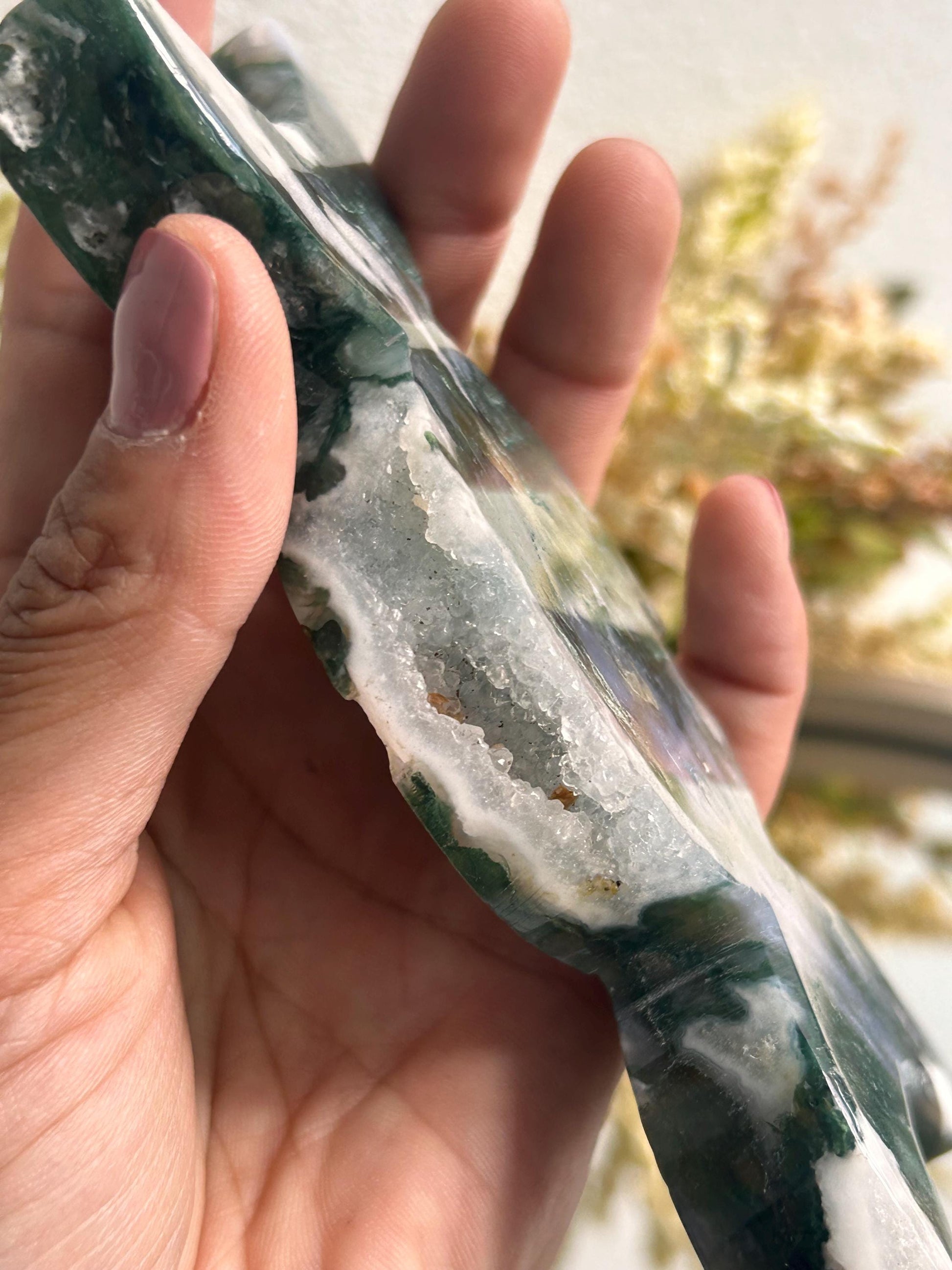 Moss Agate Moon Phase Bowl | Moss Agate Dish | Crystal Bowl | Healing Crystal | Druzy Colorful Moss Agate | Crystal Gift | Home Decor-Bowls, Mini Dishes-moss agate