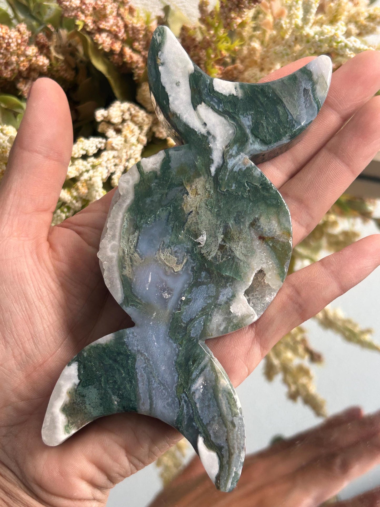 Moss Agate Moon Phase Bowl | Moss Agate Dish | Crystal Bowl | Healing Crystal | Druzy Colorful Moss Agate | Crystal Gift | Home Decor-Bowls, Mini Dishes-moss agate