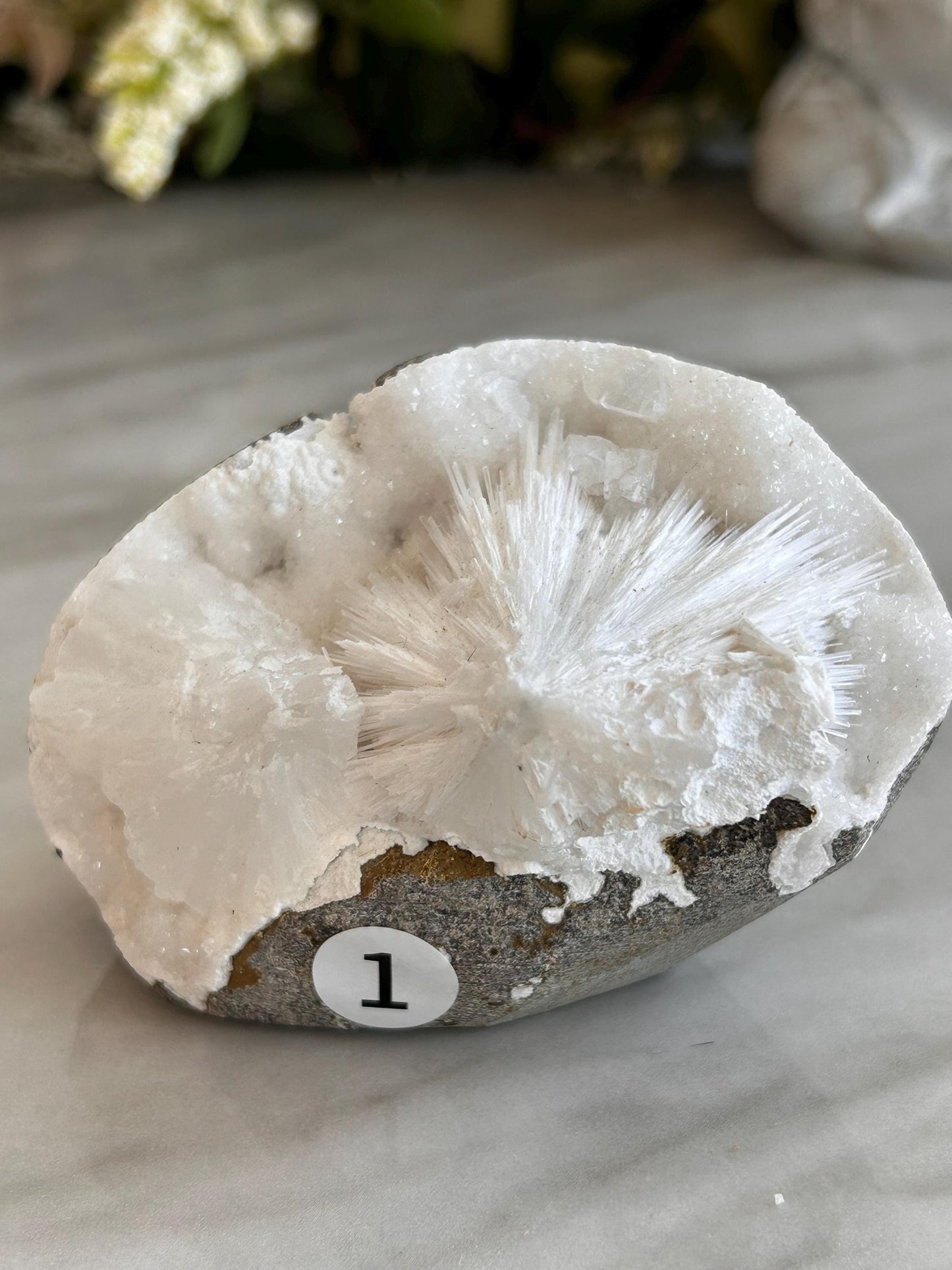 Scolecite Spray inside quartz geode | Natural Scolecite Geode | Fine Scolecite with Heulandite | Natural Crystal Healing | Crystal Gifts-Cluster/Geode Towers-scolecite, heulandite, quartz