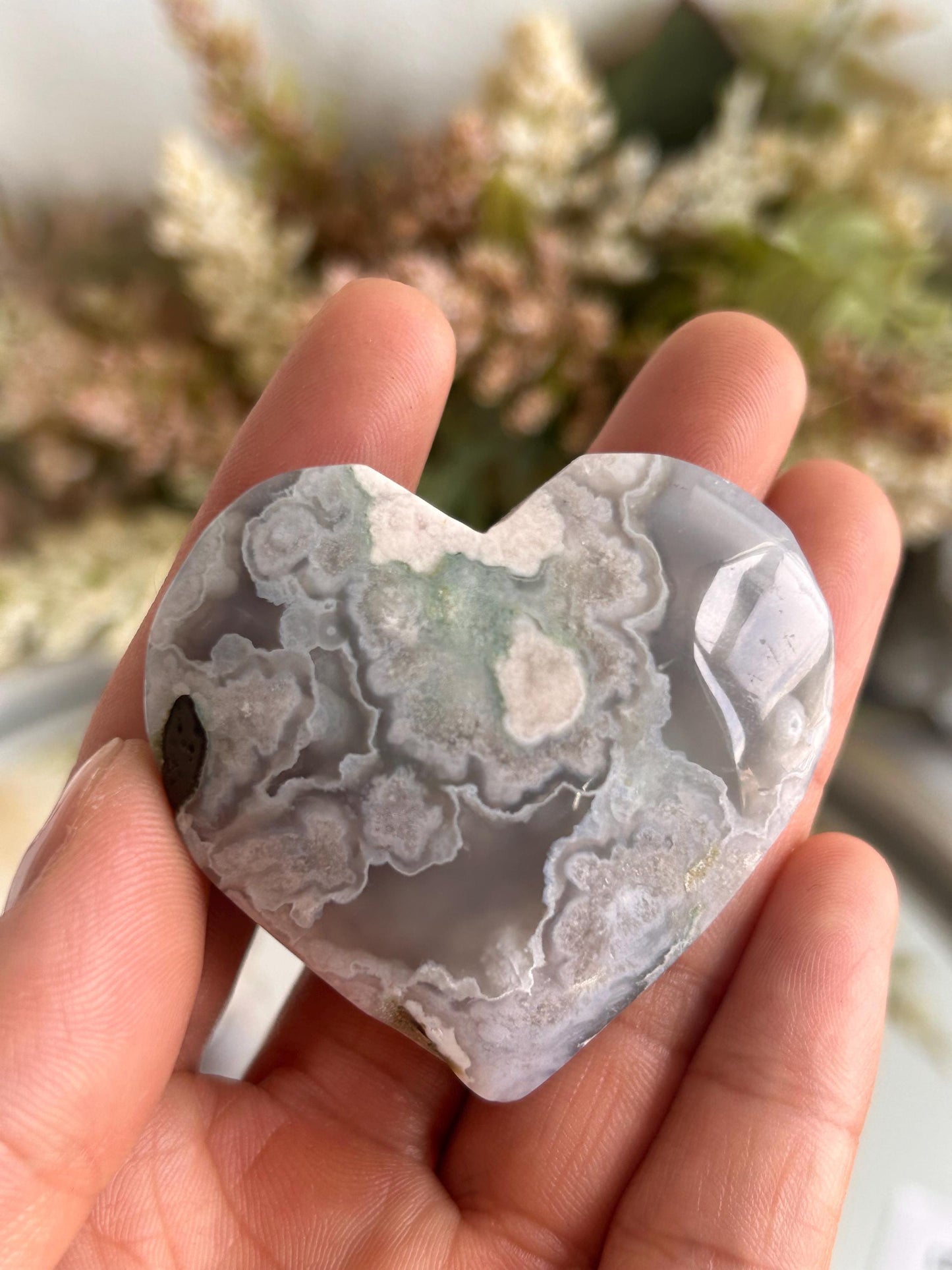 Black Flower Agate Heart Palm Stone | Black Sakura Agate | Flower Agate Palm Stones | Flower Agate Heart | Crystal Heart | Crystal Gifts