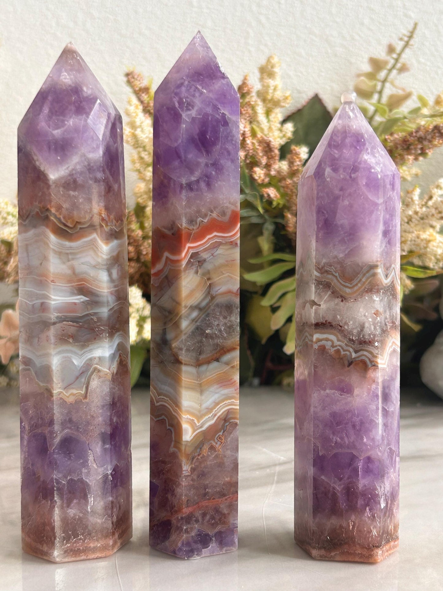 Stunning Crazy Lace Agate with Purple Amethyst Point Obelisk | Amethyst Tower | Crystal Gift | Home Decor | Crystal Gift | Crystal Healing-Crystal Towers-purple amethyst, crazy lace agate